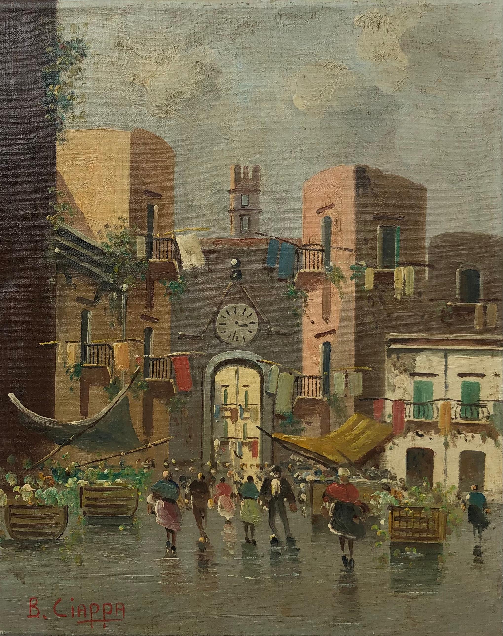 Lively village square - Painting by B. Ciappa