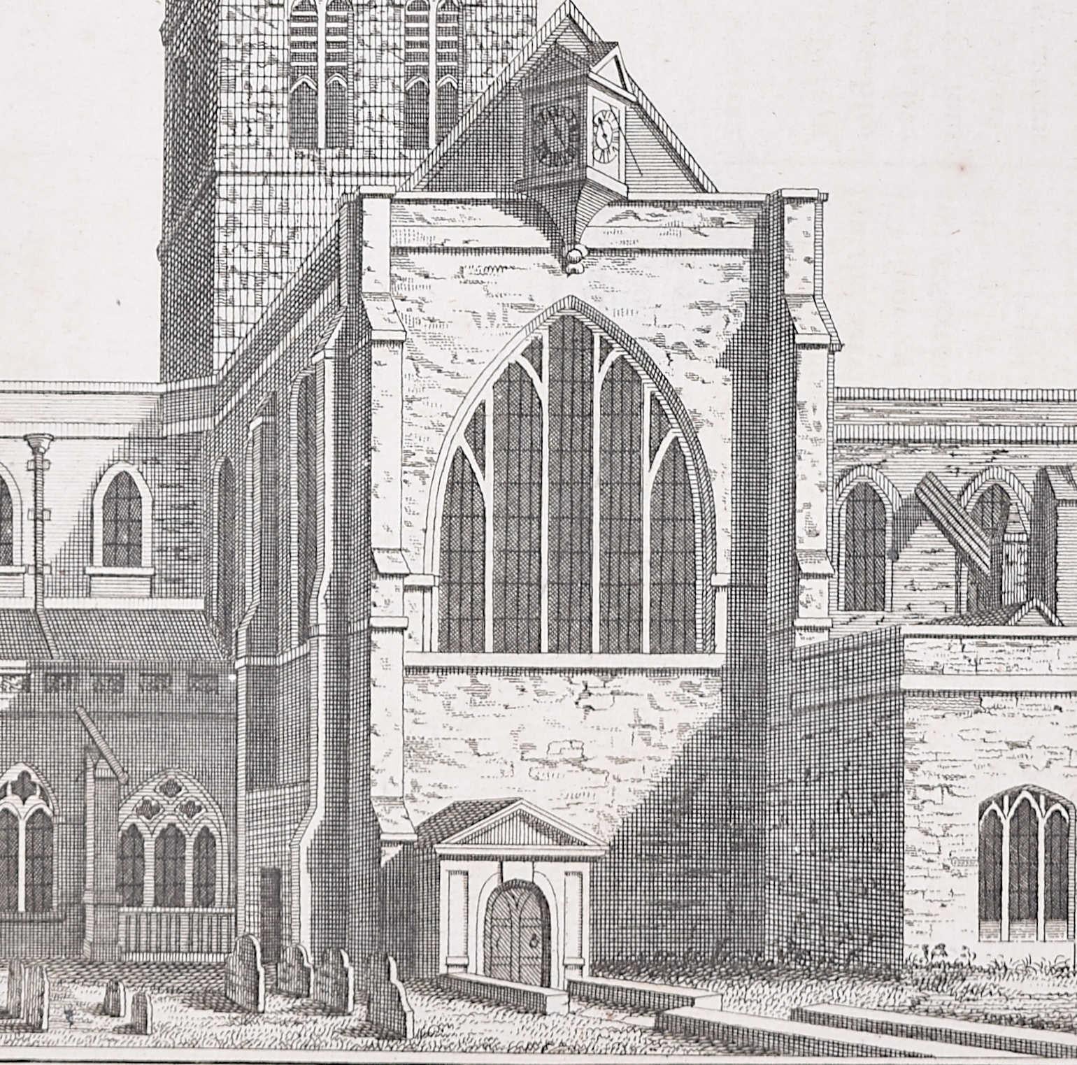 Southwark Cathedral engraving c. 1753 for Stow's Survey of London - Gray Landscape Print by B Cole