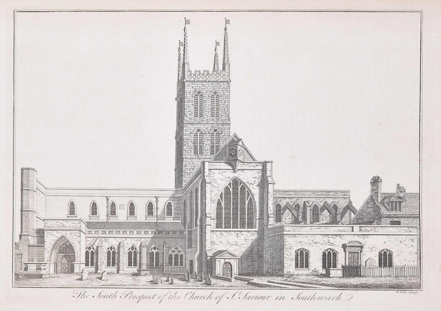 B Cole Landscape Print - Southwark Cathedral engraving c. 1753 for Stow's Survey of London