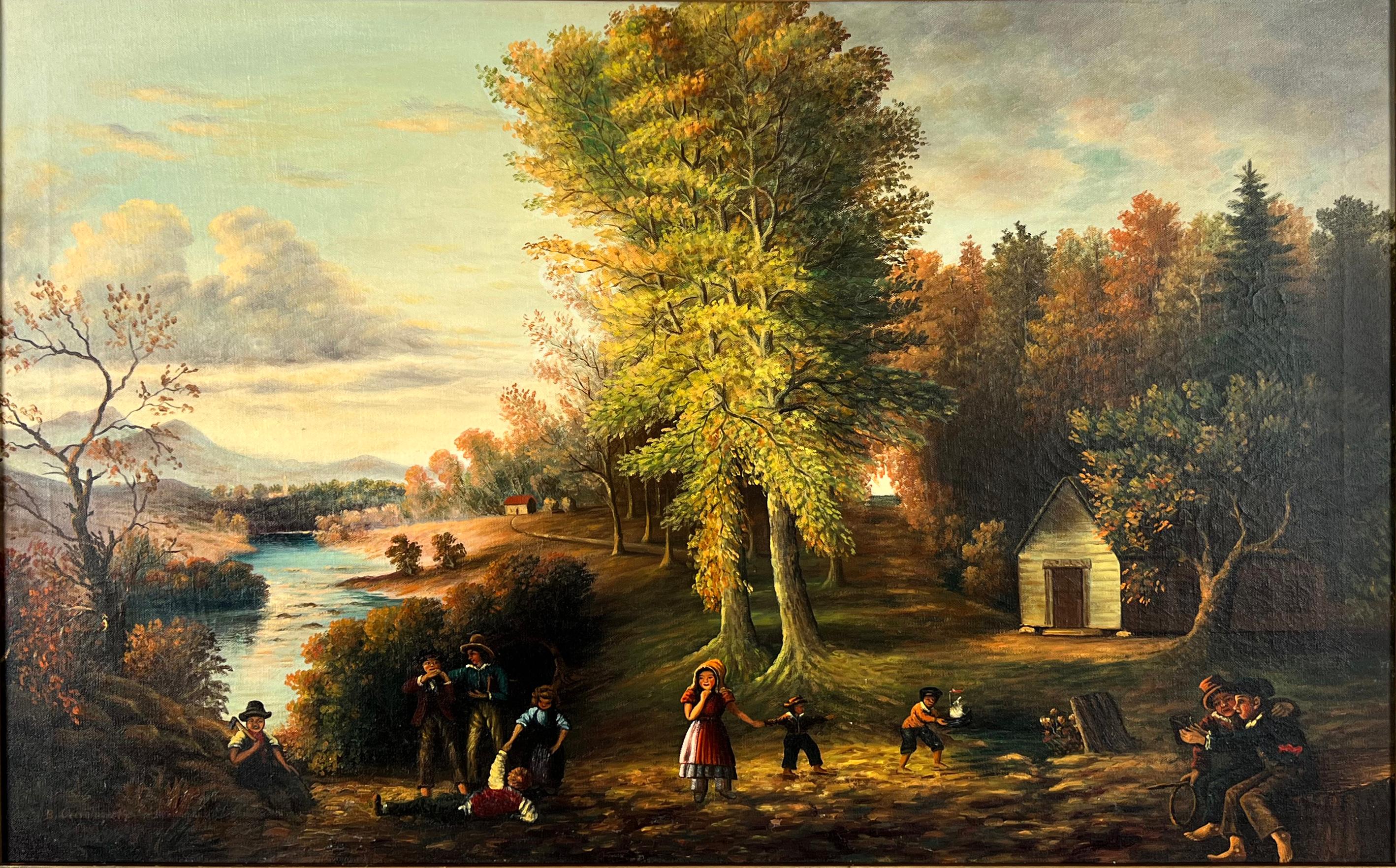 Evening Time New York Hudson River School Scene Oil on Canvas Ornate Frame - Painting by B. Czerniawski