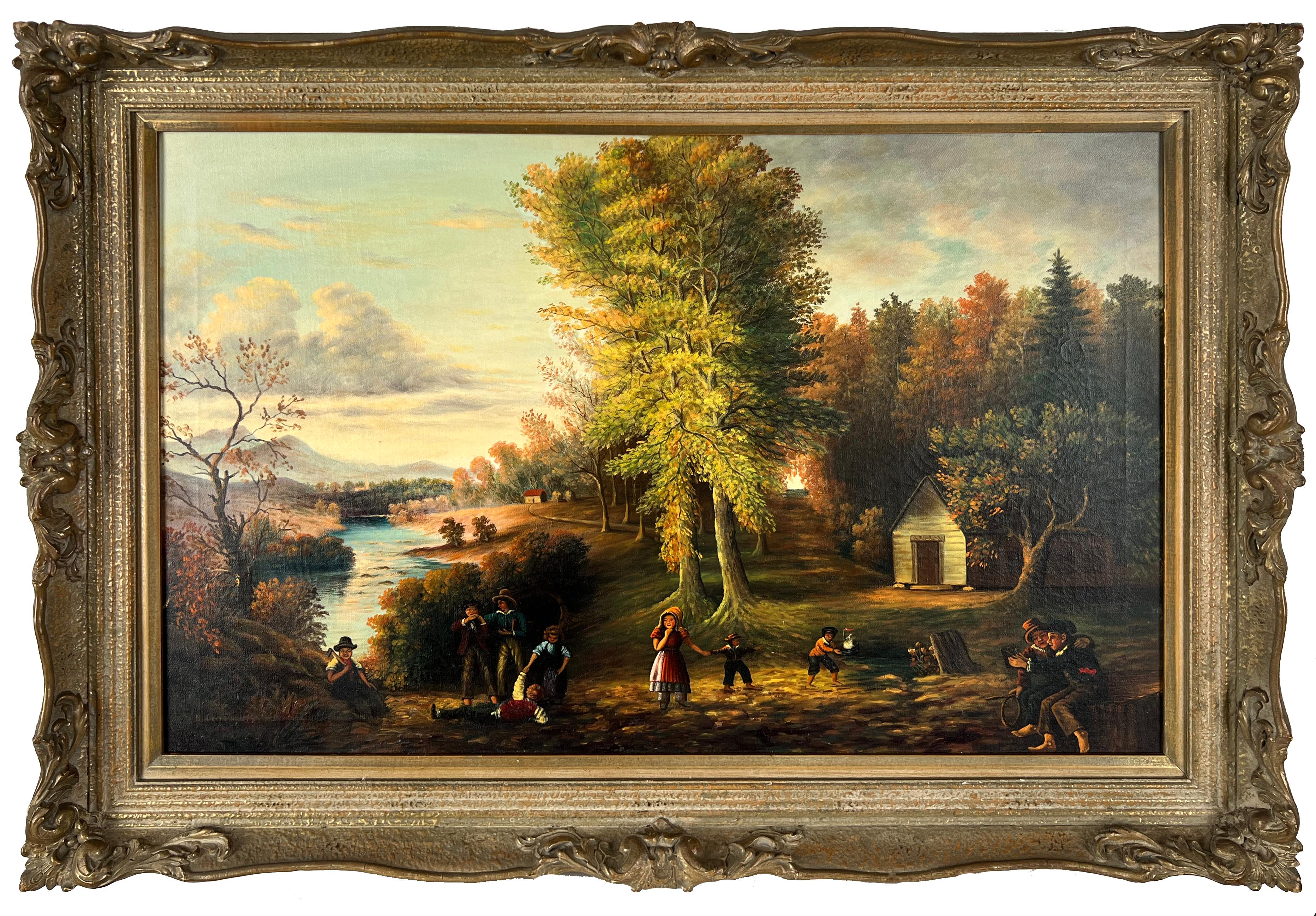 B. Czerniawski Landscape Painting - Evening Time New York Hudson River School Scene Oil on Canvas Ornate Frame
