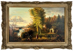 Antique Evening Time New York Hudson River School Scene Oil on Canvas Ornate Frame
