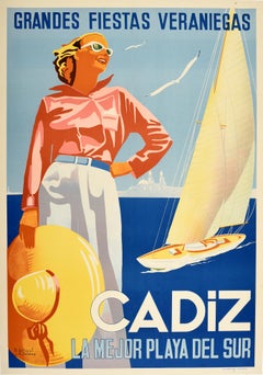 Original Vintage Travel Poster Cadiz Beach Sailing Yacht Summer Holiday Vacation