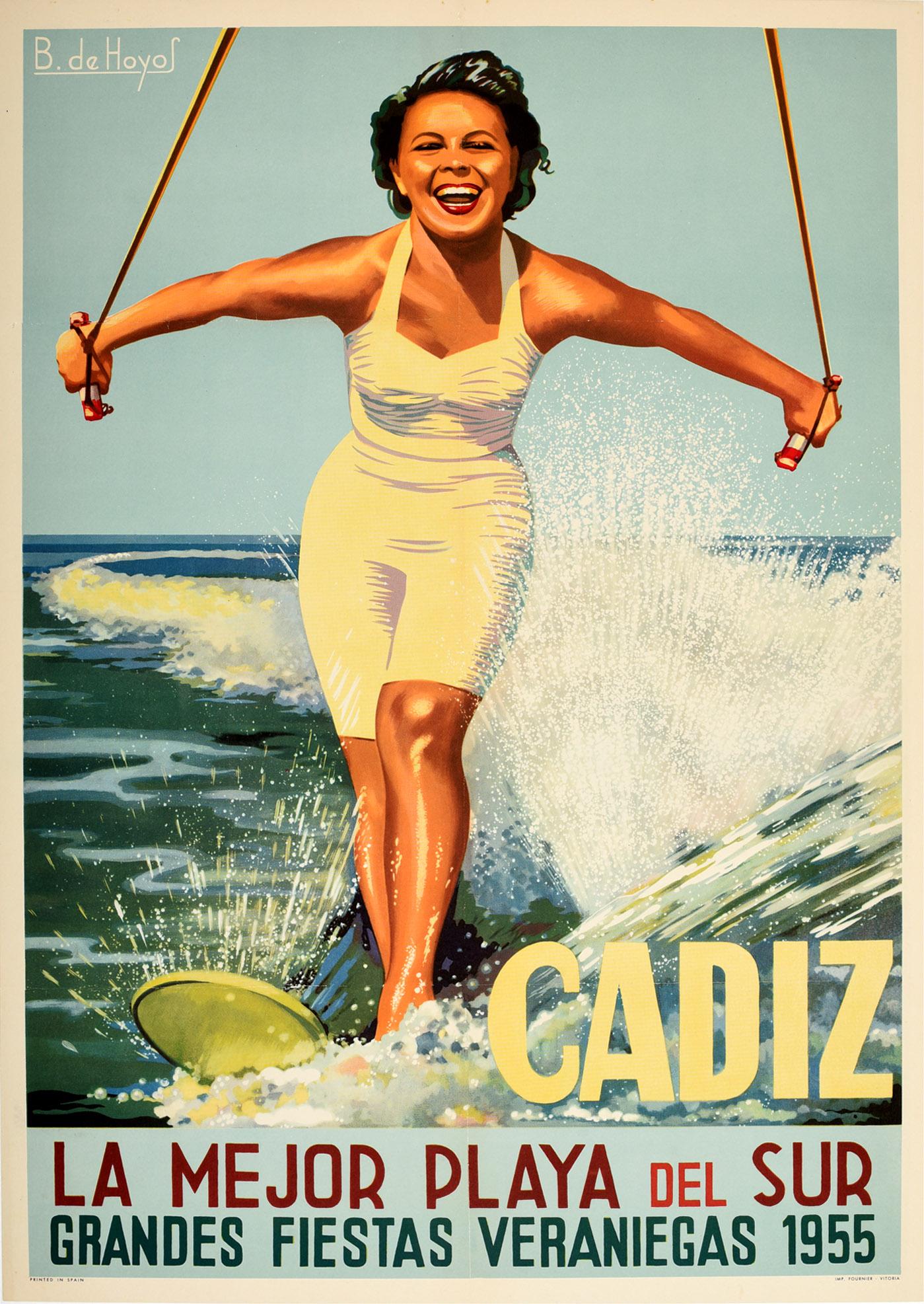 B de Hoyos Print - Original Vintage Poster Cadiz Best Beach Great Summer Holidays Water Ski Travel