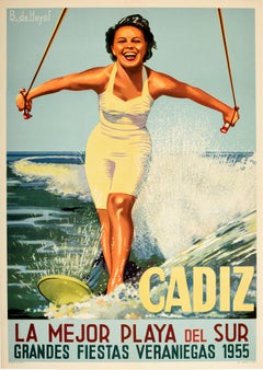Original Vintage Poster Cadiz Best Beach Great Summer Holidays Water Ski Travel