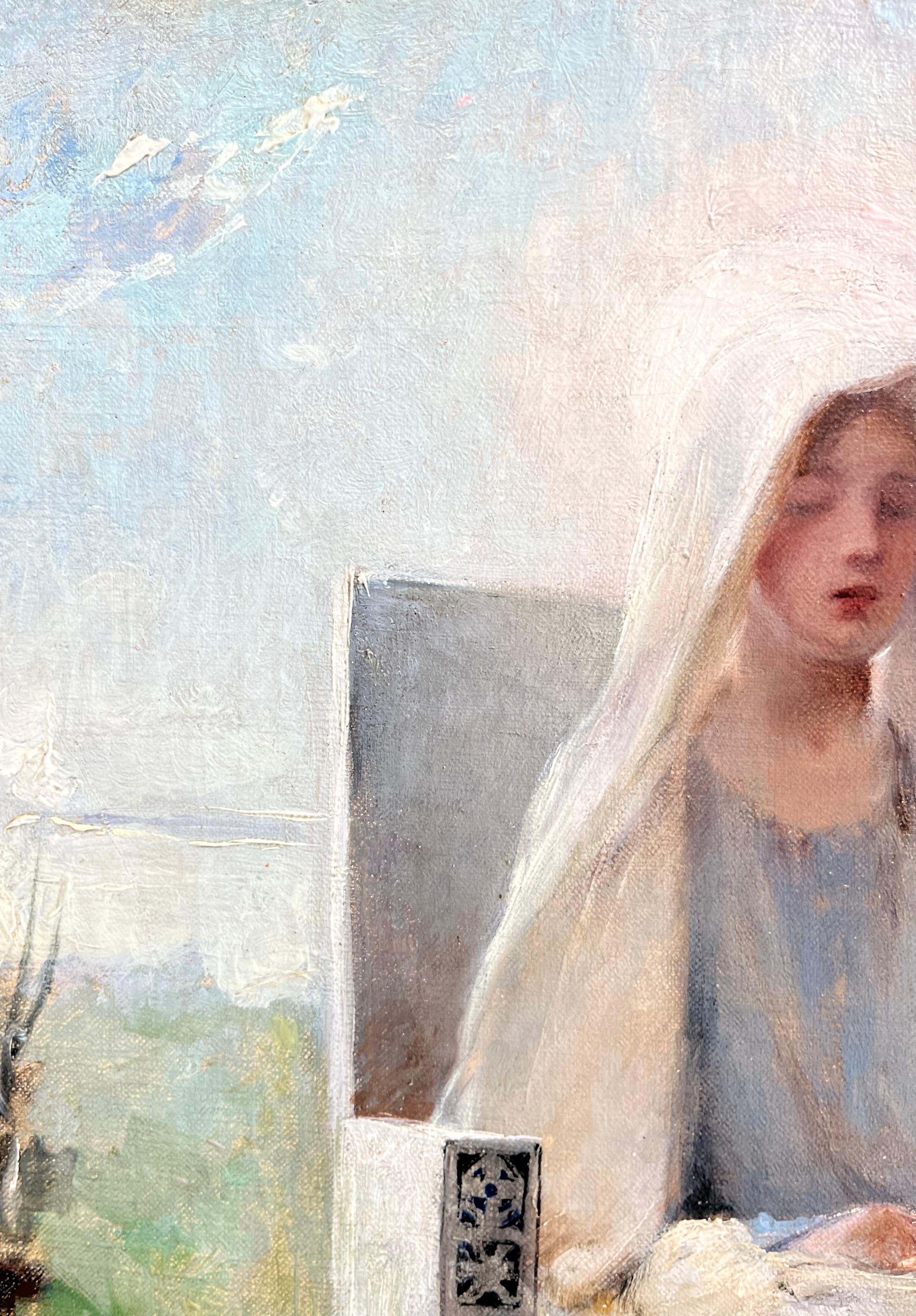 B. La Madonna impressionista di Gianni è un dipinto squisito che irradia una presenza divina e una bellezza eterea. Questa notevole opera d'arte raffigura la Madonna seduta con grazia su un maestoso trono, avvolta da un'aura luminosa che illumina