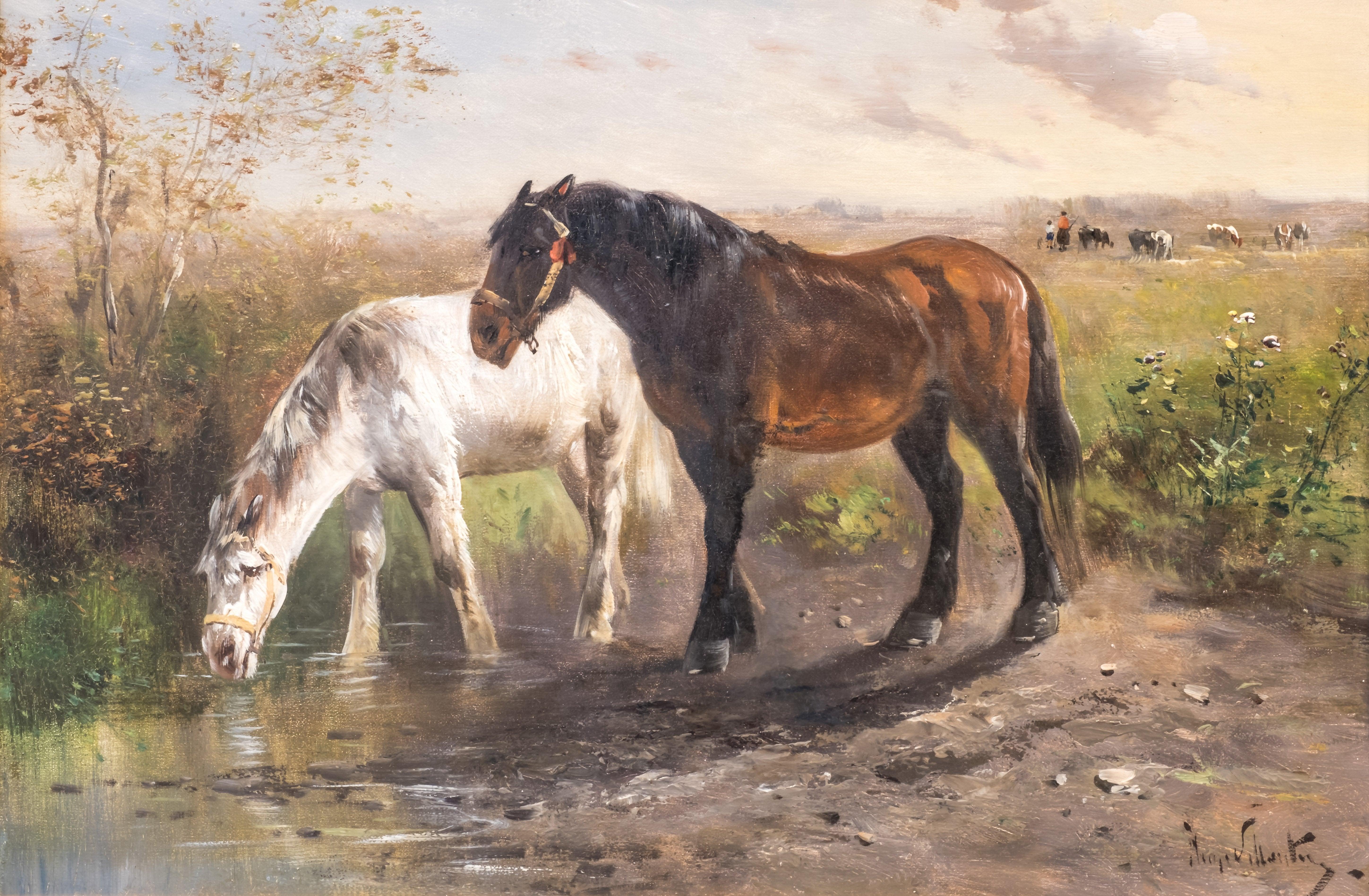 A late 19th century oil painting by Belgian artist Henry Schouten (1864-1927). The scene depicts two work horses in the wilderness. One of the horses is drinking water from a paddle in the foreground. 
In the background civilization is evident: A