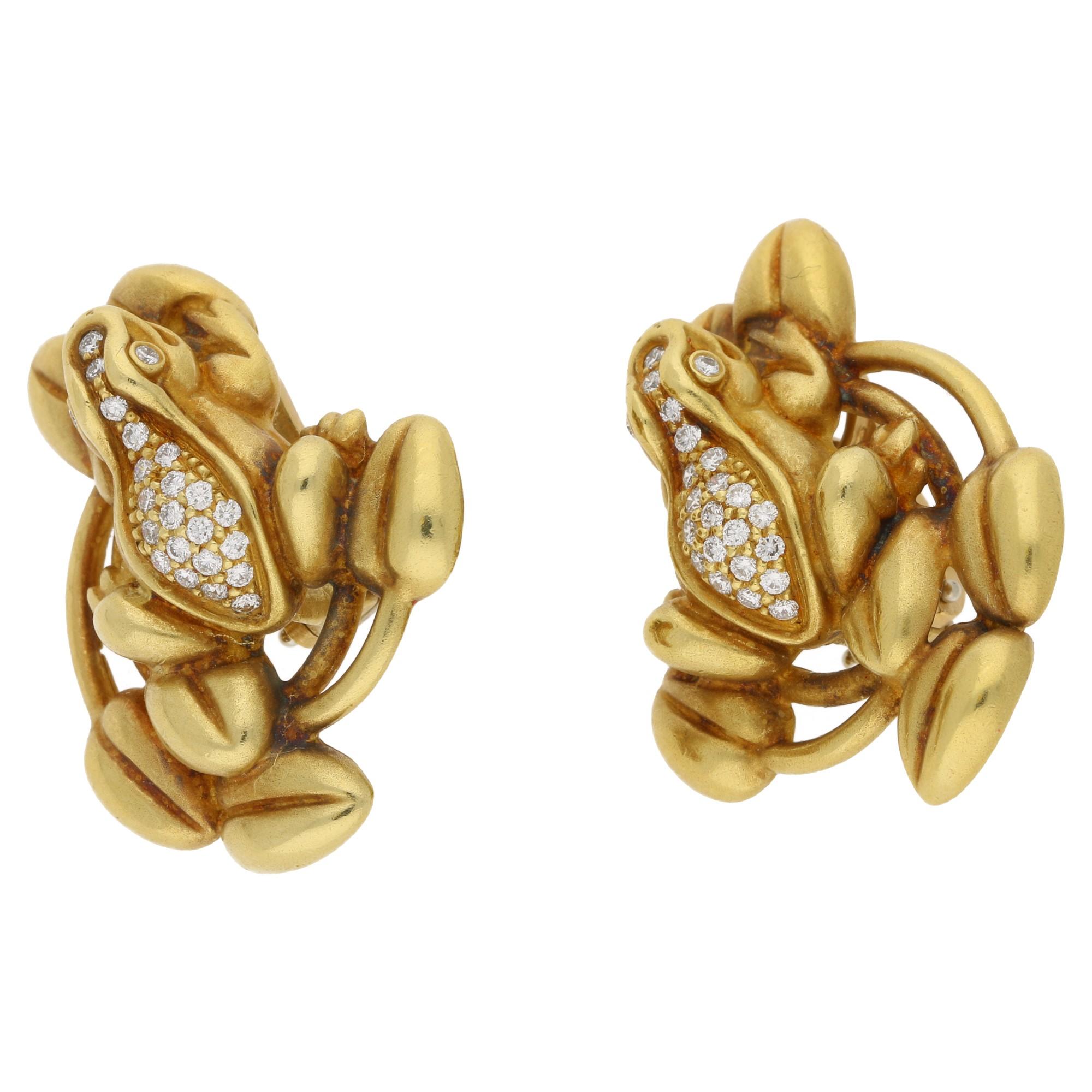 Brilliant Cut B Kieselstein Cord Diamond Frog Gold Earrings