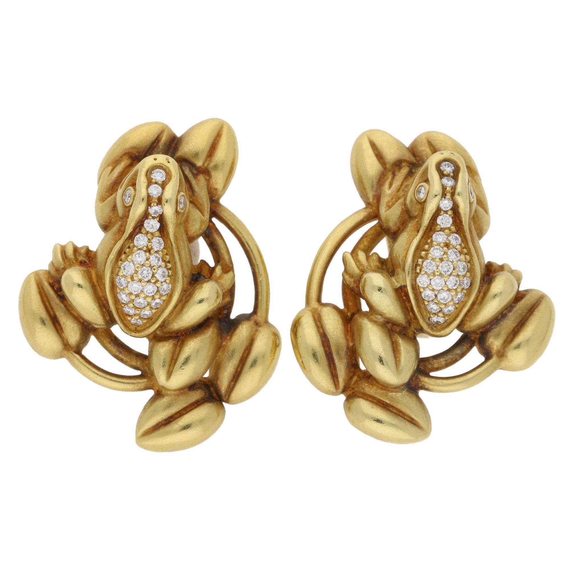 B Kieselstein Cord Diamond Frog Gold Earrings