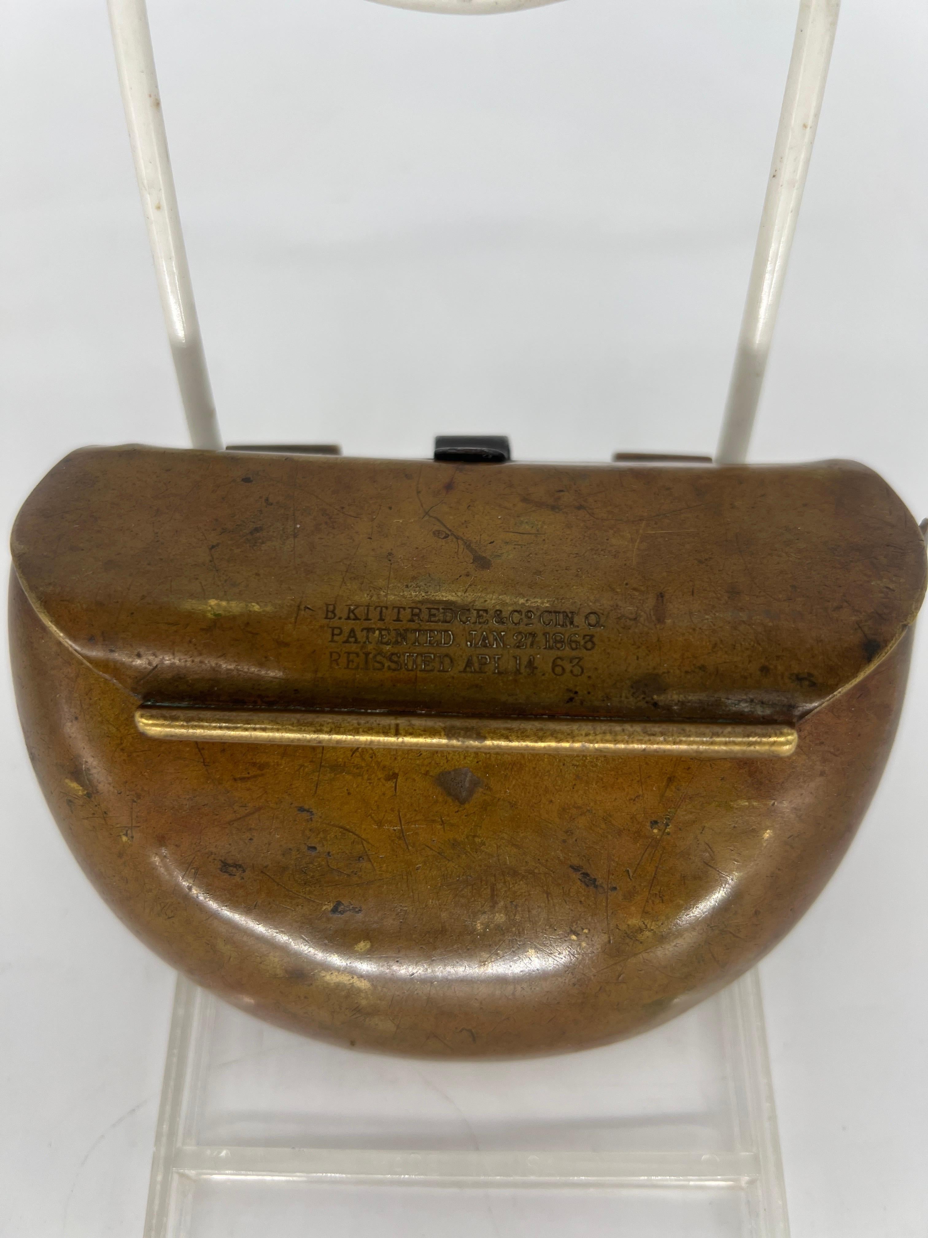 Authentic 1863 B. Kittredge & Company Copper Cartridge Box, c. 1863, copper cartridge box, spring-loaded lid marked 