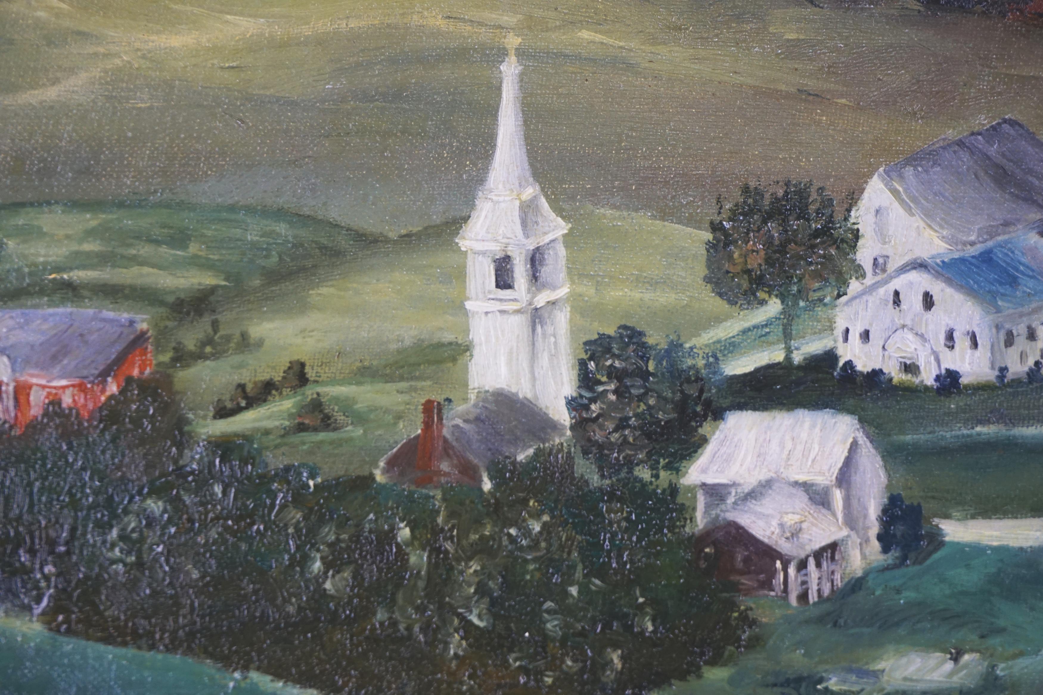 Pittura ad olio di arte popolare del Vermont della metà del secolo scorso - Landscape Painting Grigio di B. L. Noga