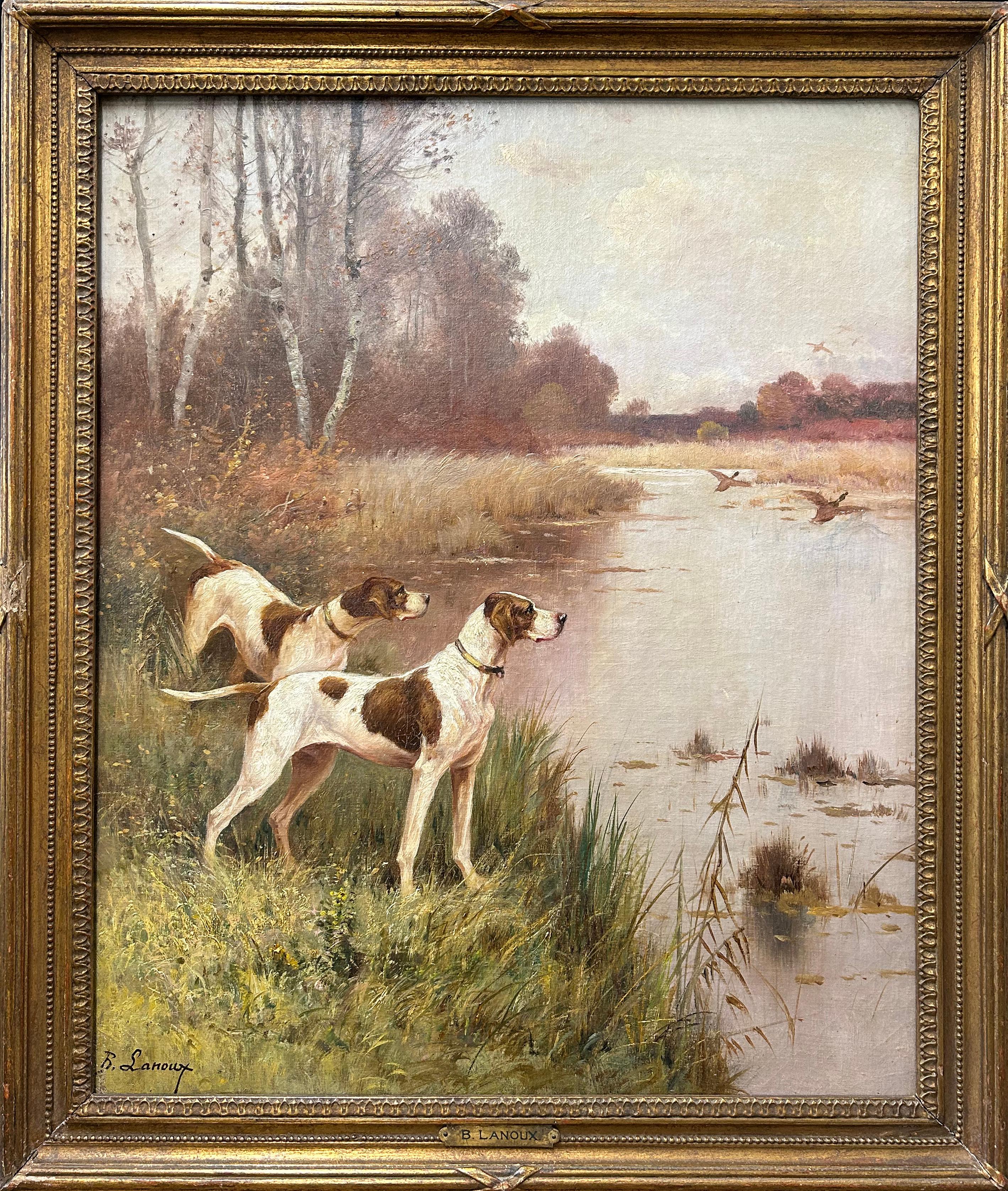 Perros de caza con ocas, paisaje del pintor francés del siglo XIX - Painting de B. Lanoux