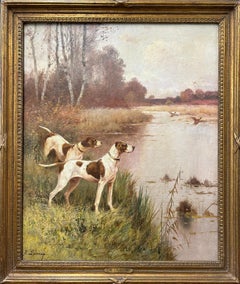 Jagdhunde mit Gänsen, Landschaft des französischen Malers aus dem 19. Jahrhundert