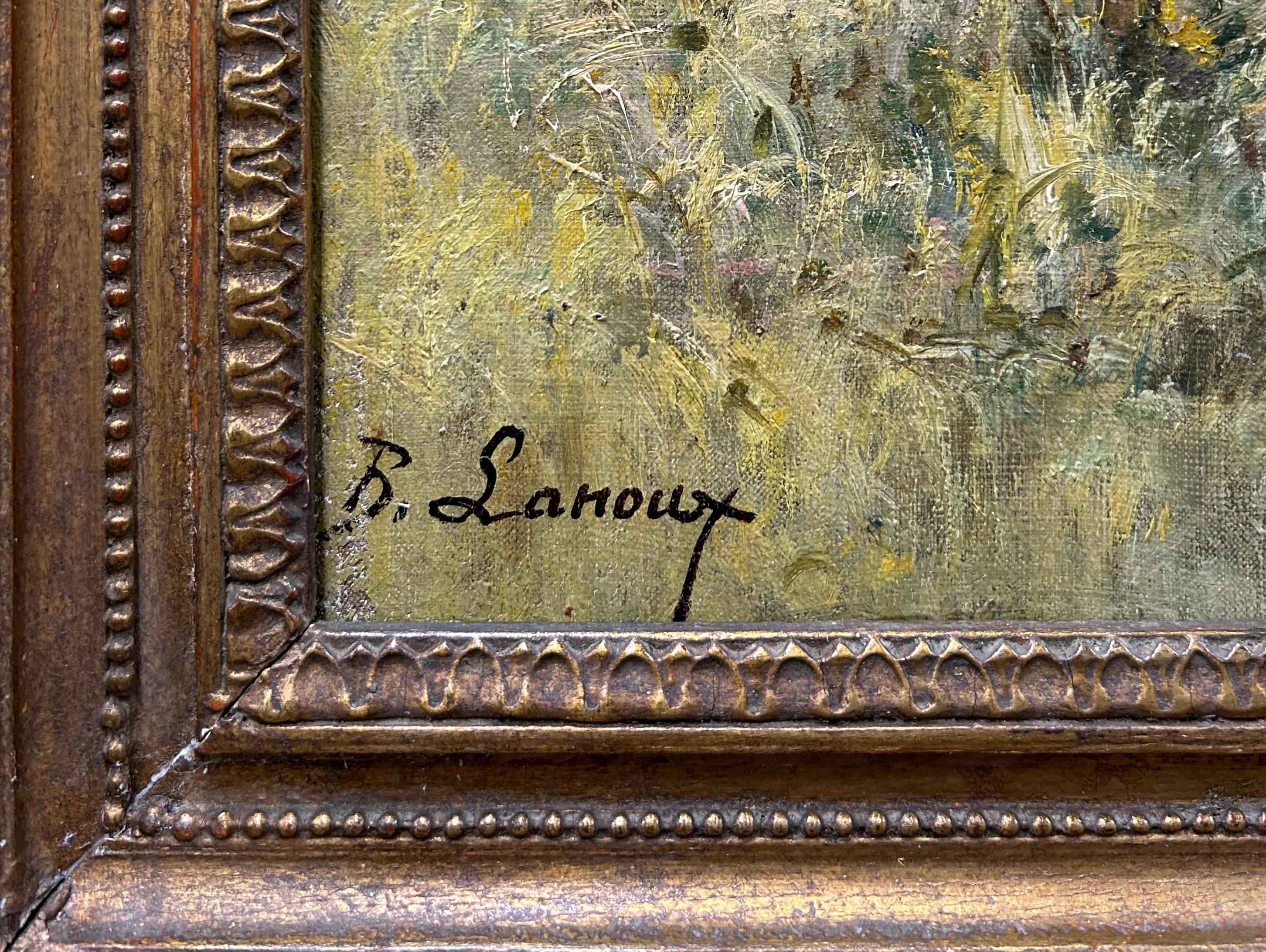 Perros de caza con ocas, paisaje del pintor francés del siglo XIX - Painting Realista de B. Lanoux