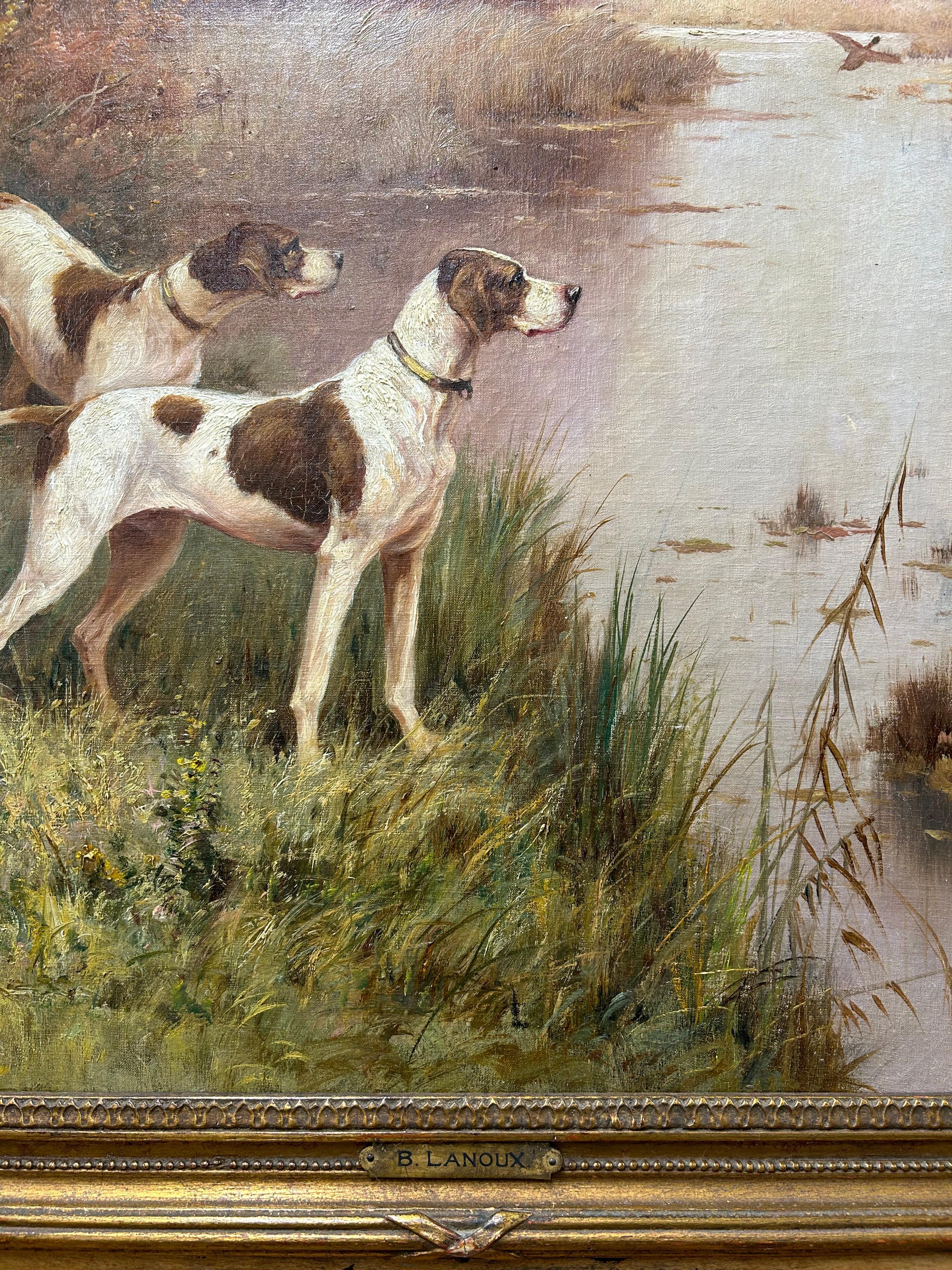 Perros de caza con ocas, paisaje del pintor francés del siglo XIX - Animal Painting Marrón de B. Lanoux