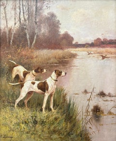 Antique Hunting Dogs with Geese, Landscape by 19th Century French painter