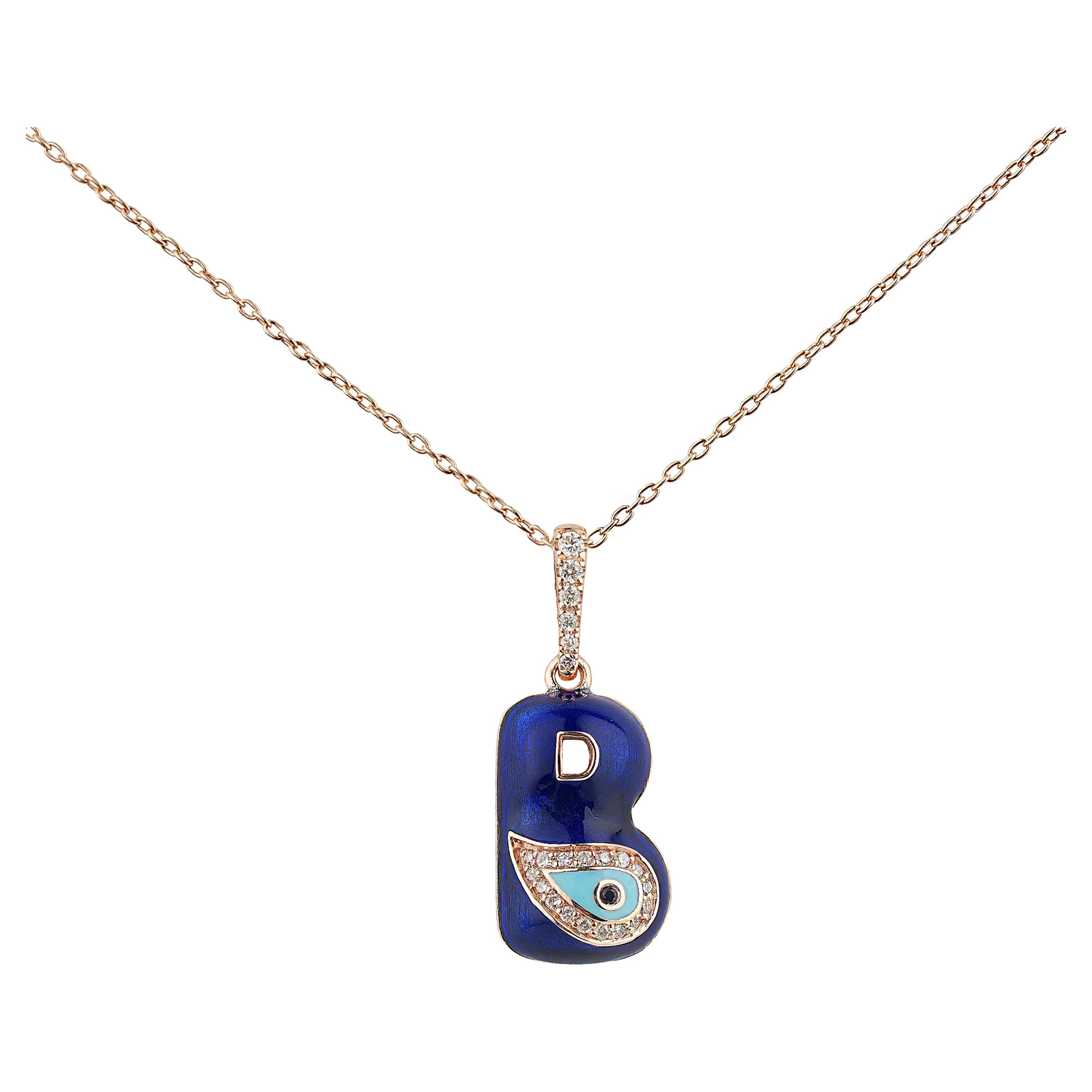 Personalize in White, Yellow, or Rose Gold, Nazarlique Evil Eye ID Charm  Necklace With Letters is a Chic and Trendsetting Way to Personalize Your Initials.
Our Handcrafting Diamond and Blue Sapphire 14 Karat Yellow Gold Enamel Alphabet Charms Come