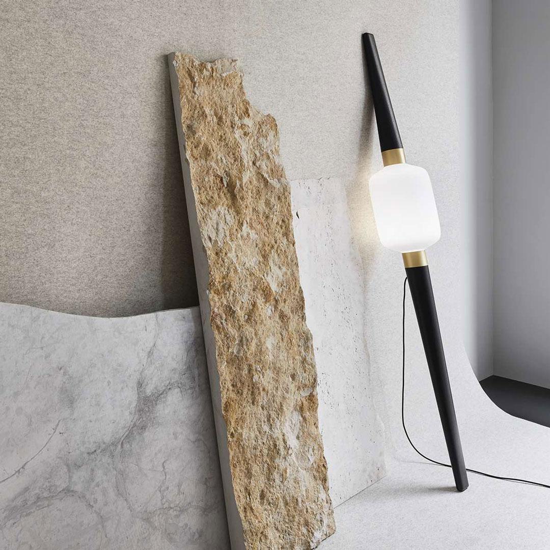 Floor lamp in solid black stained oak, brushed brass, hand-blown glass.
