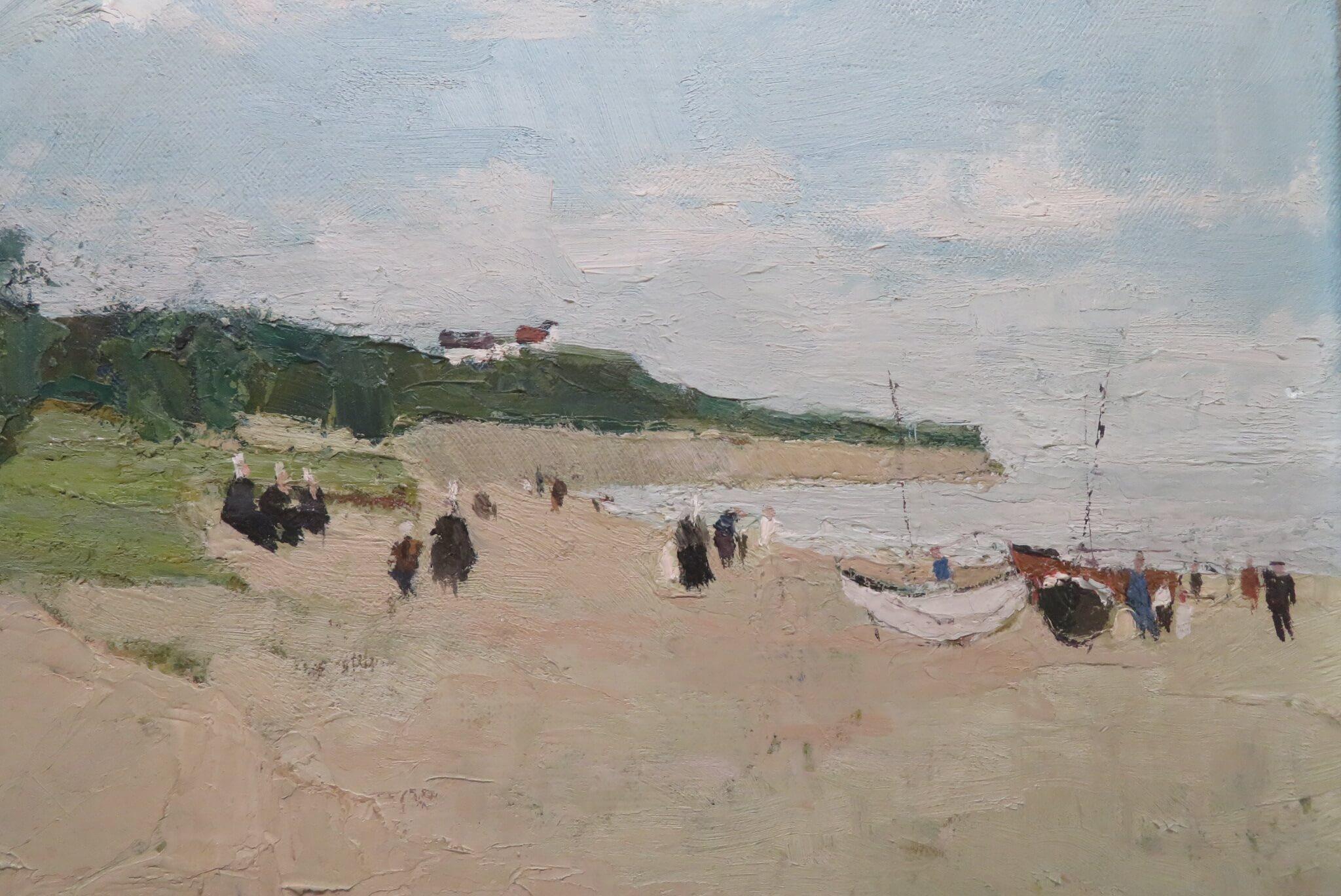 Mitte des 20. Jahrhunderts FRENCH IMpressIONIST Ölgemälde BEACH SCENE signiert im Angebot 1