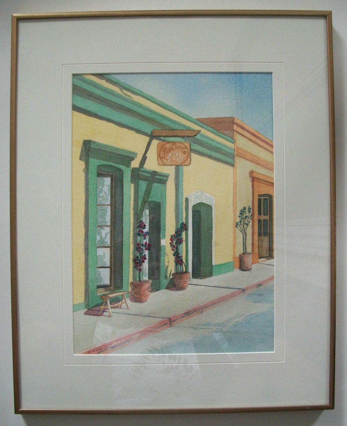 Hand-Painted B. MCKAY, Calle Alvaro Obregon, Framed Watercolor, Signed & Dated, C. 2000 For Sale