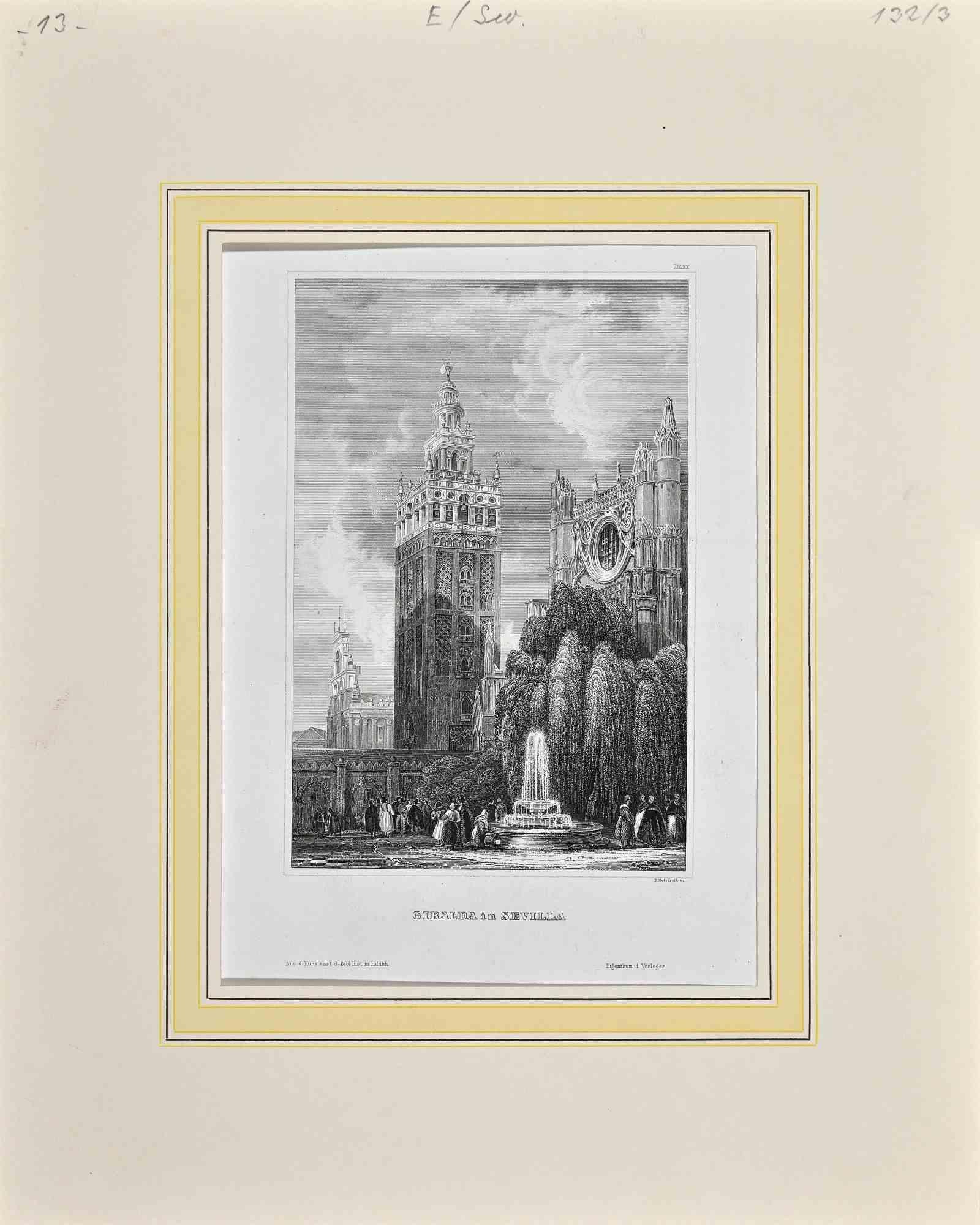 Giralda in Sevilla – Originallithographie von B. Metzeroth, 19. Jahrhundert