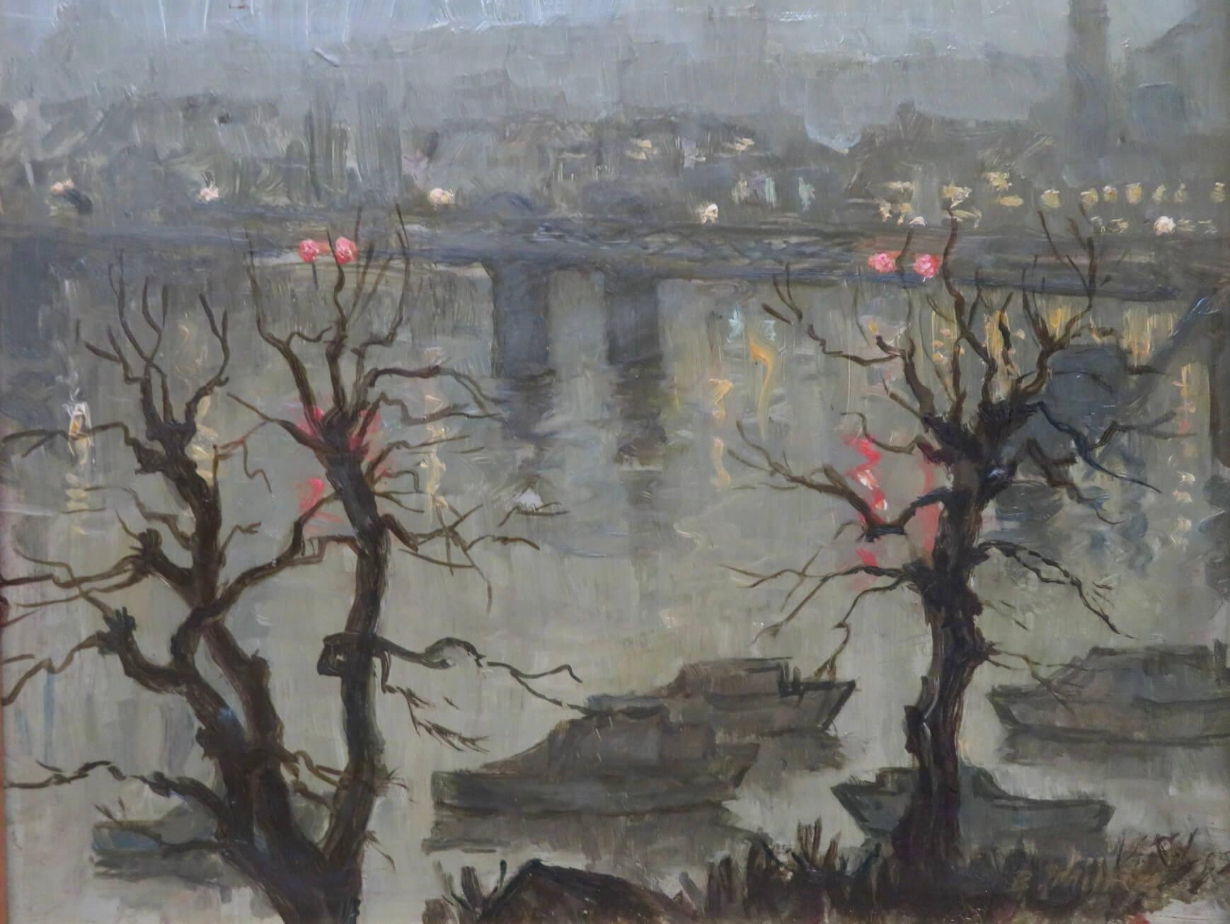 Original Mid Century Ölgemälde signiert Miller - LONDON RIVER THAMES By NIGHT – Painting von B Miller
