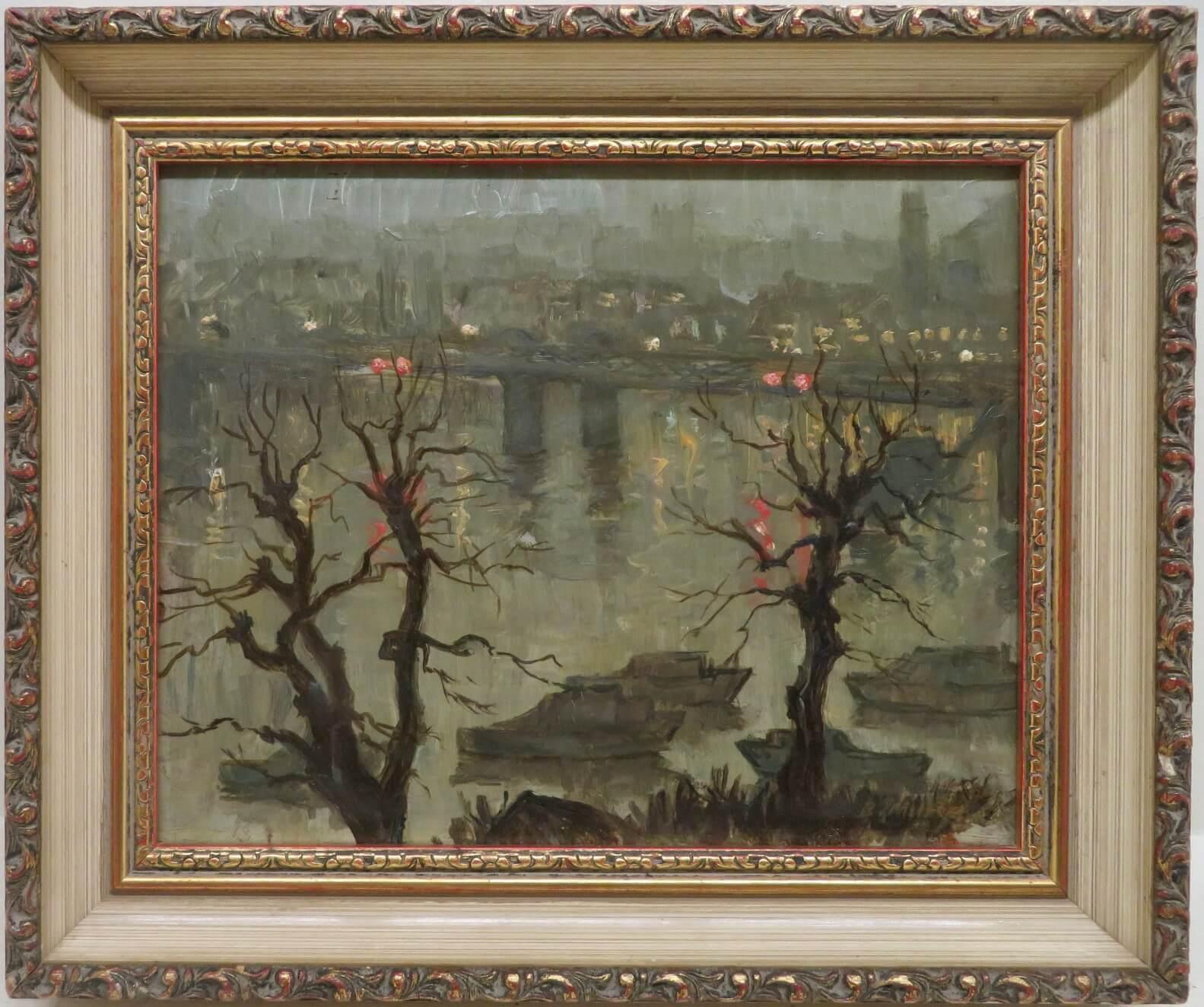 Original Mid Century Ölgemälde signiert Miller - LONDON RIVER THAMES By NIGHT