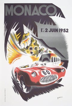 1985 B. Minne 'Monaco Grand Prix 1952' Vintage Black,Orange,Red France Lithograp