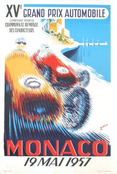 1995 B. Minne 'Monaco Grand Prix 1957' Vintage Blue, Orange, Red France Lithograph
