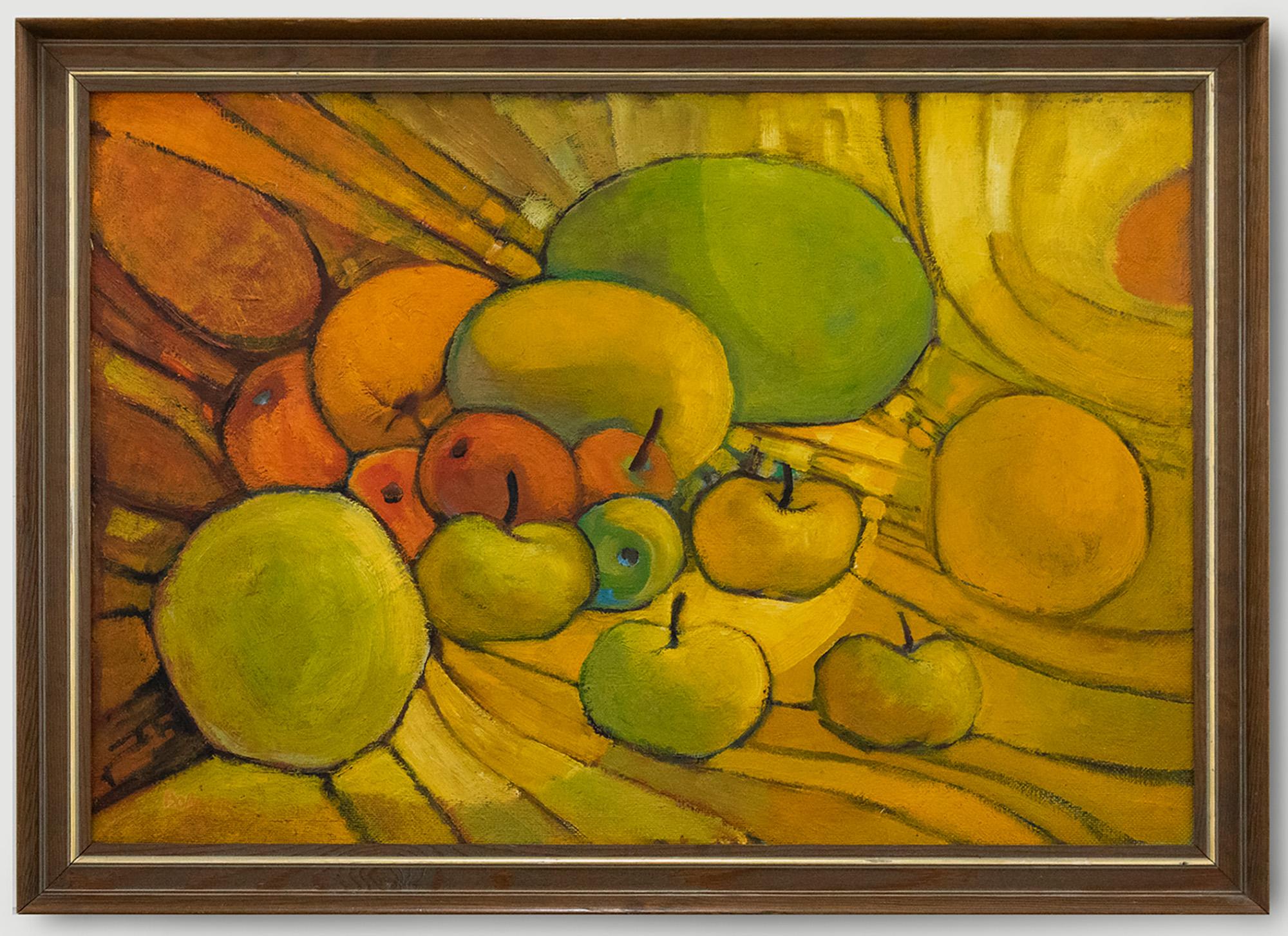 A colourful study of fruit placed on linen. The artist captures the scene in a burst of warm colours, using bold forms and strong outlines to create an eye-catching composition. Signed and dated to the lower right. Presented in a wooden frame. On