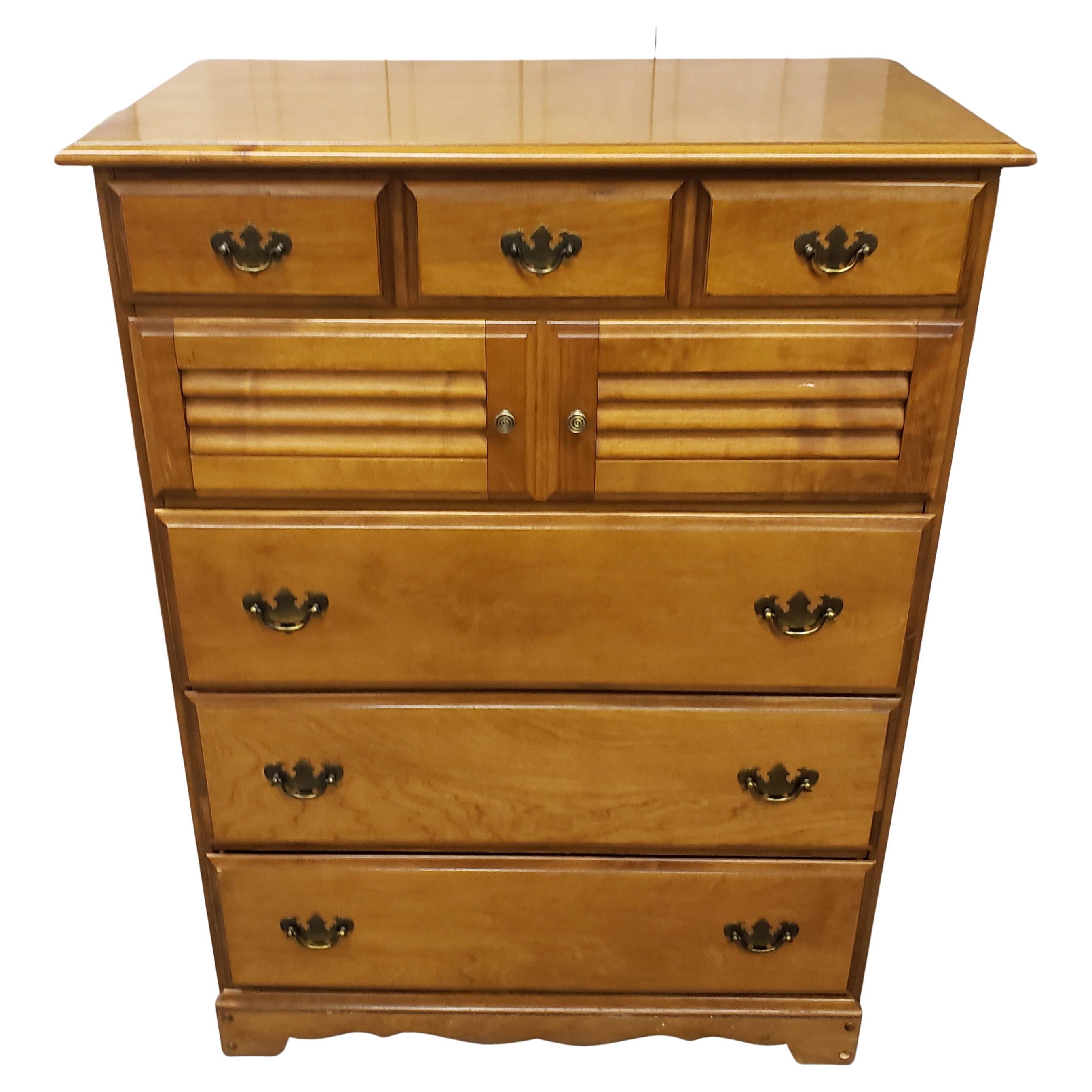 For your consideration is a B. P. John Maple Chest of Drawers from the 1960s in good vintage condition. All dovetail drawers open and close smoothly.  Measures 34 inches in width and stand 46.25 inches tall. We have a matching dresser with mirror in