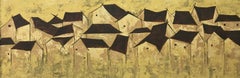 Huts, Oil on Board, Black, Yellow colors by Modern Artist B. Prabha "In Stock"