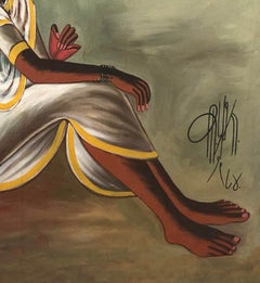 Saheli; Indian Women, white saree yellow border, oil canvas, Indian Art B. Prabha