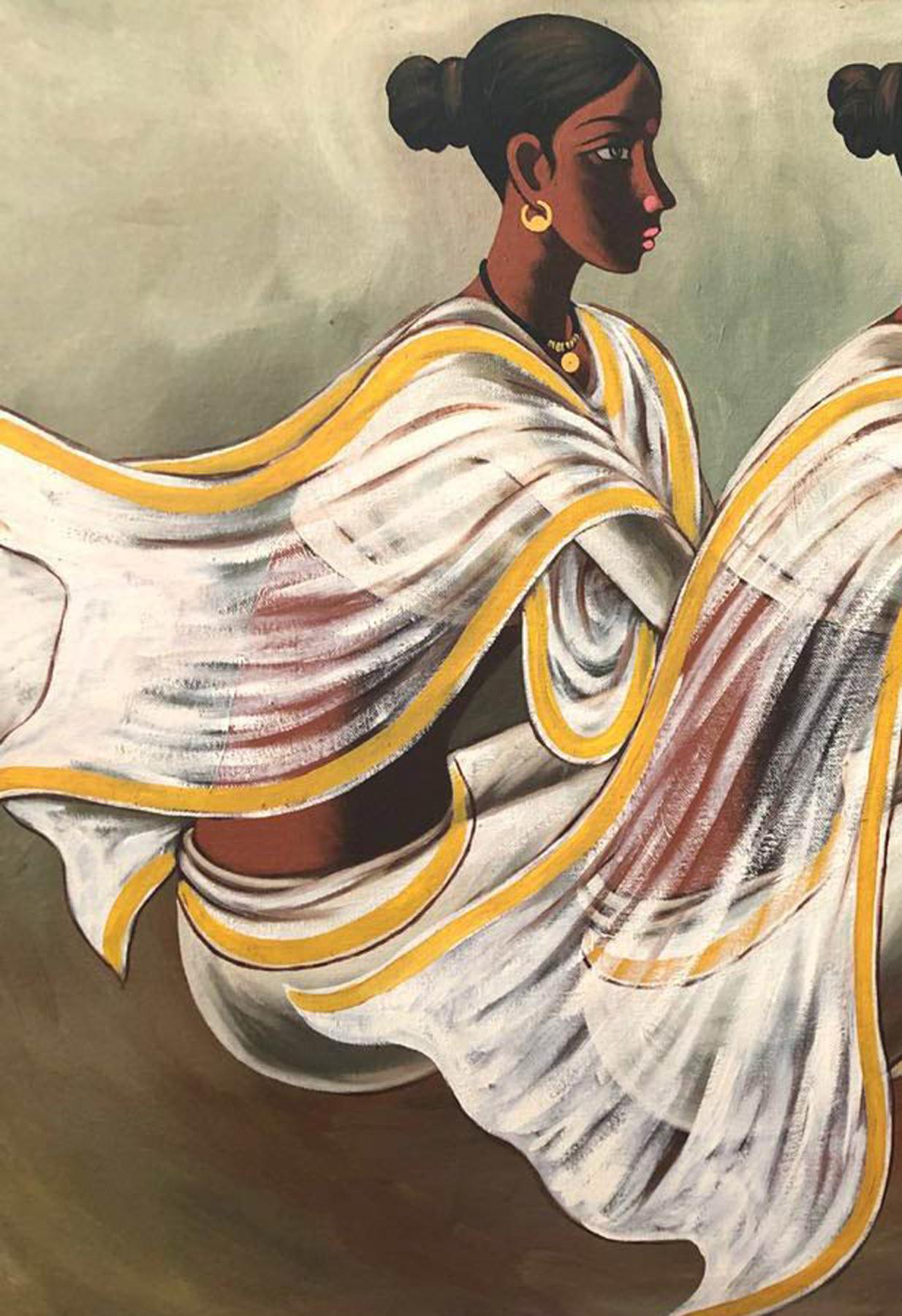 Saheli; Indian Women, white saree yellow border, oil canvas, Indian Art B. Prabha 1