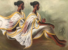 Vintage Saheli; Indian Women, white saree yellow border, oil canvas, Indian Art B. Prabha