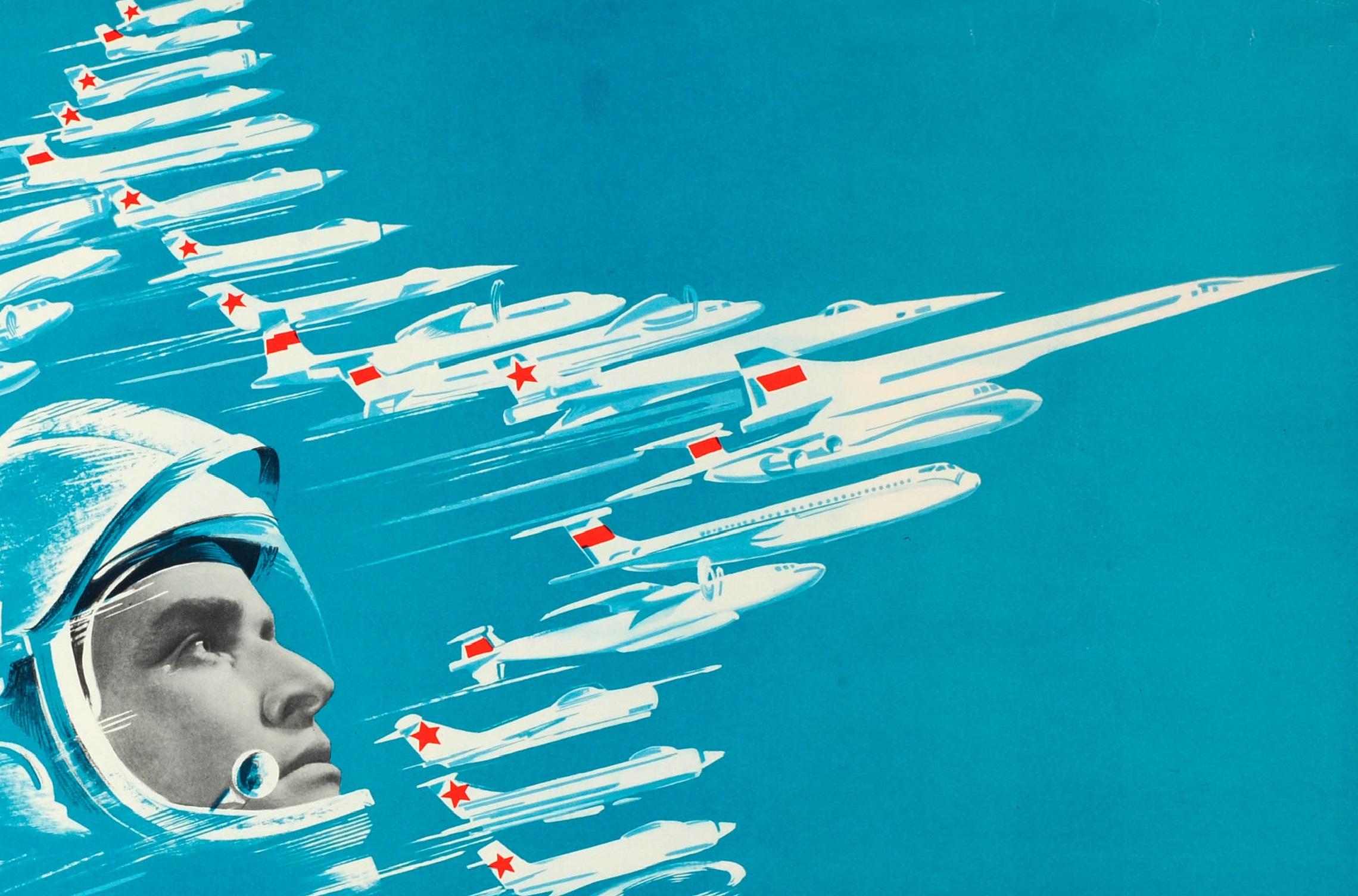 Original Vintage Soviet Propaganda Poster Glory To Soviet Aviators! Pilot Planes - Blue Print by B. Reshetnikov