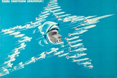 Original Used Soviet Propaganda Poster Glory To Soviet Aviators! Pilot Planes