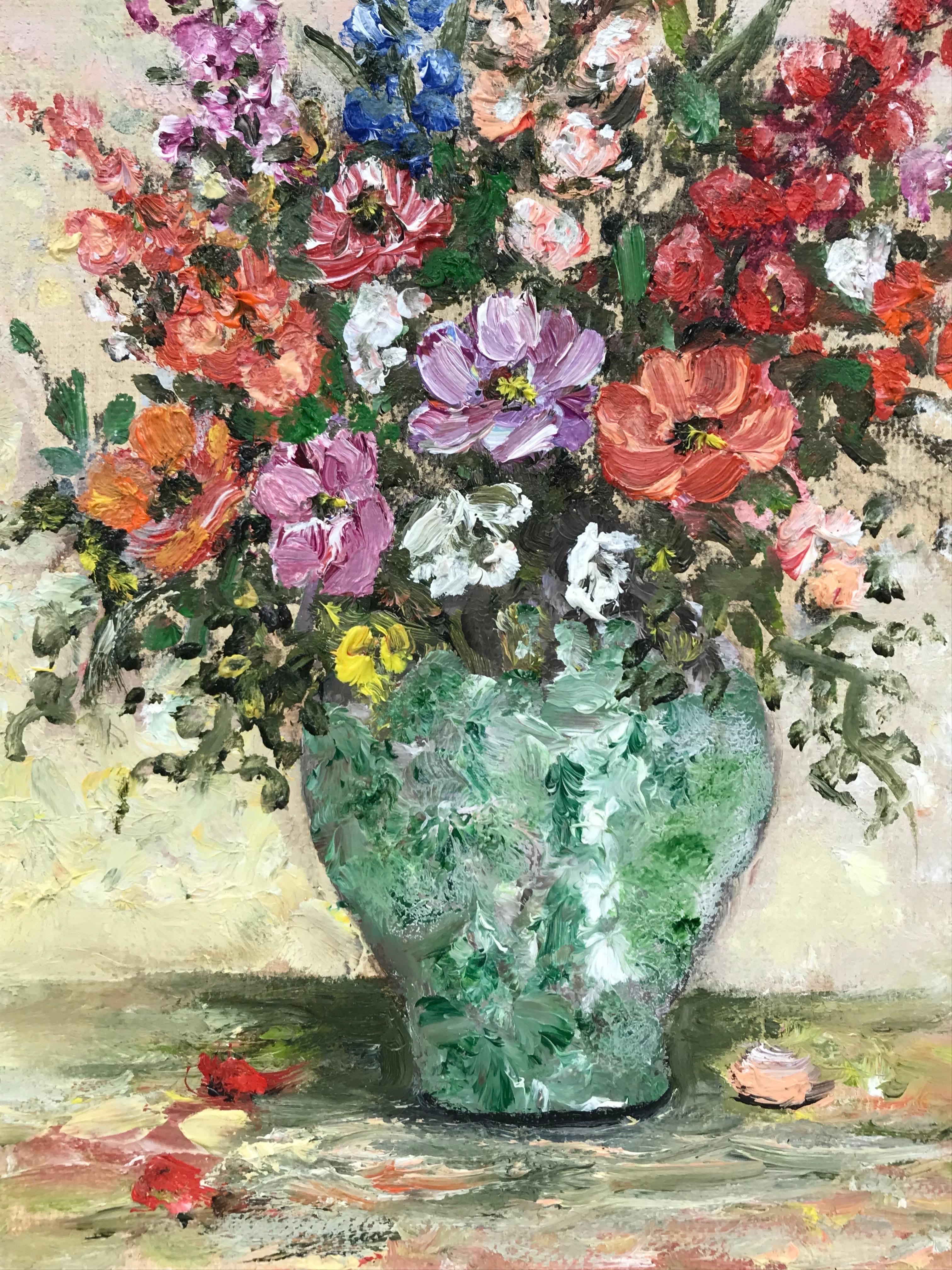 Beautiful French Impressionist Flowers in Vase, Oil Painting on Canvas - Gray Interior Painting by B. Rigaudiere