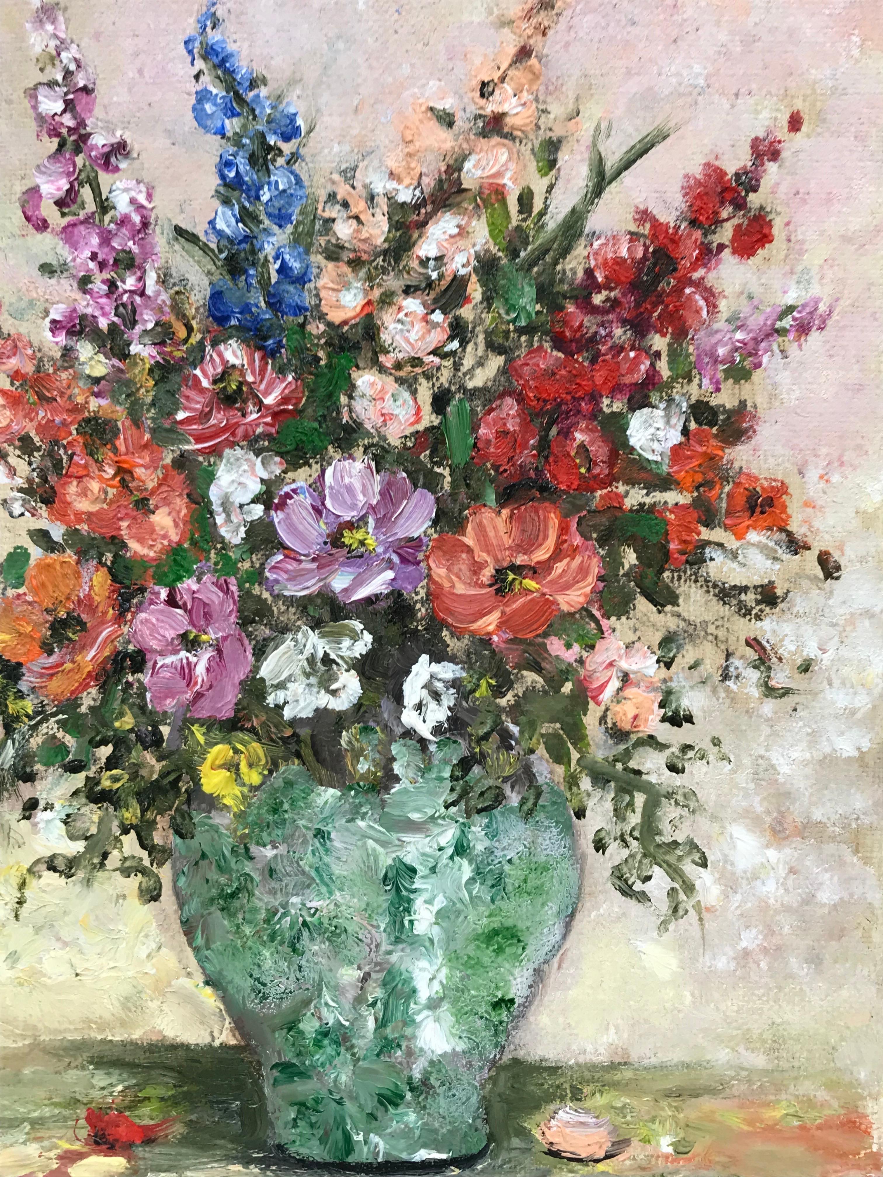 Artist/ School: B. Rigaudiere (French late 20th century)

Title: Bouquet of Flowers

Medium: oil painting on canvas, unframed

canvas : 8.75 x 6.25 inches

Provenance: private collection of this artists work in Giverny, France

Condition: The