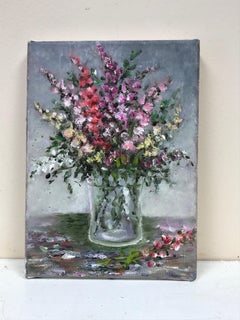 French Impressionist Oil Painting Bright Flowers in Glass Vase