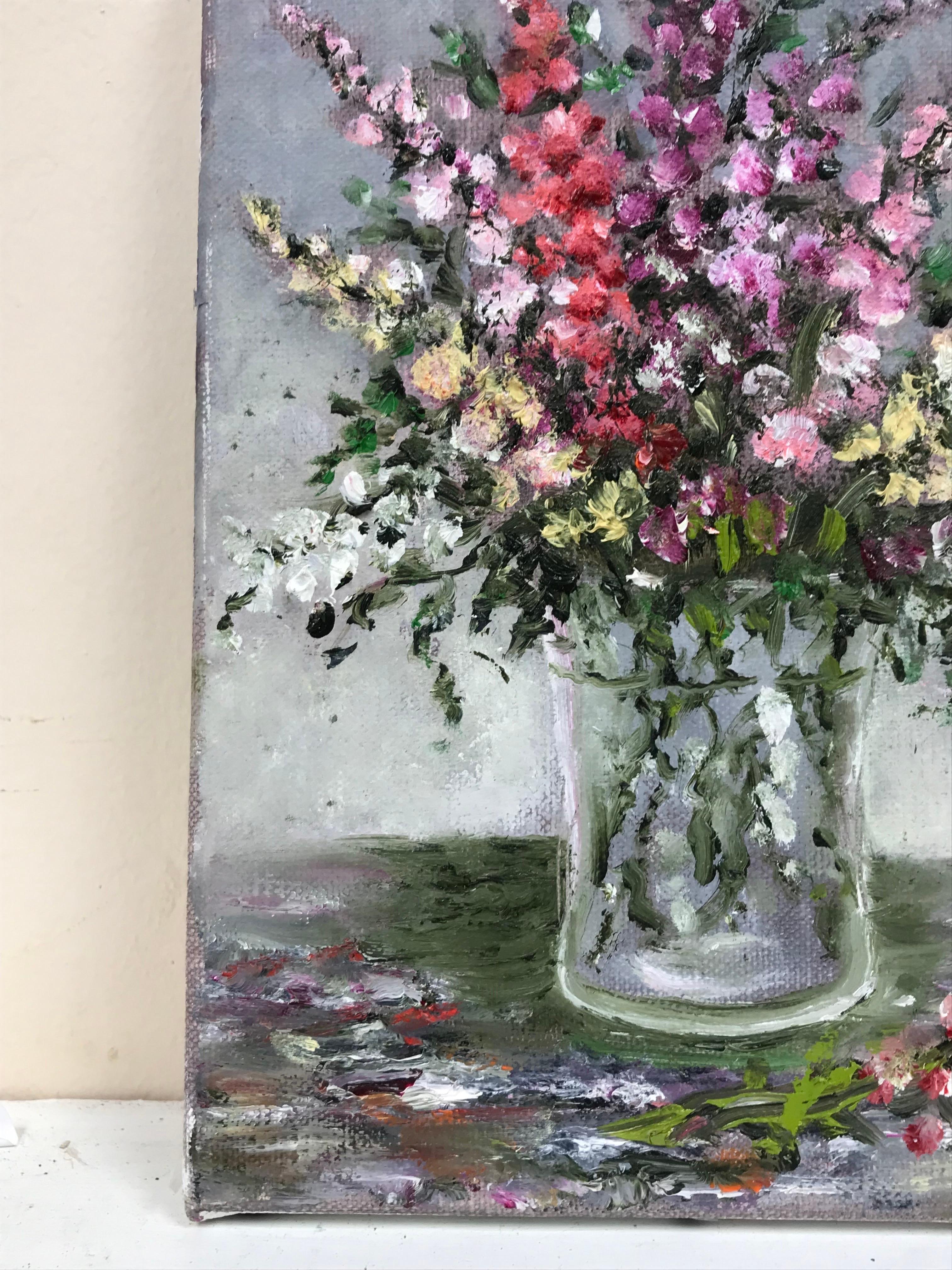 French Impressionist Oil Painting Bright Flowers in Glass Vase - Gray Still-Life Painting by B. Rigaudiere