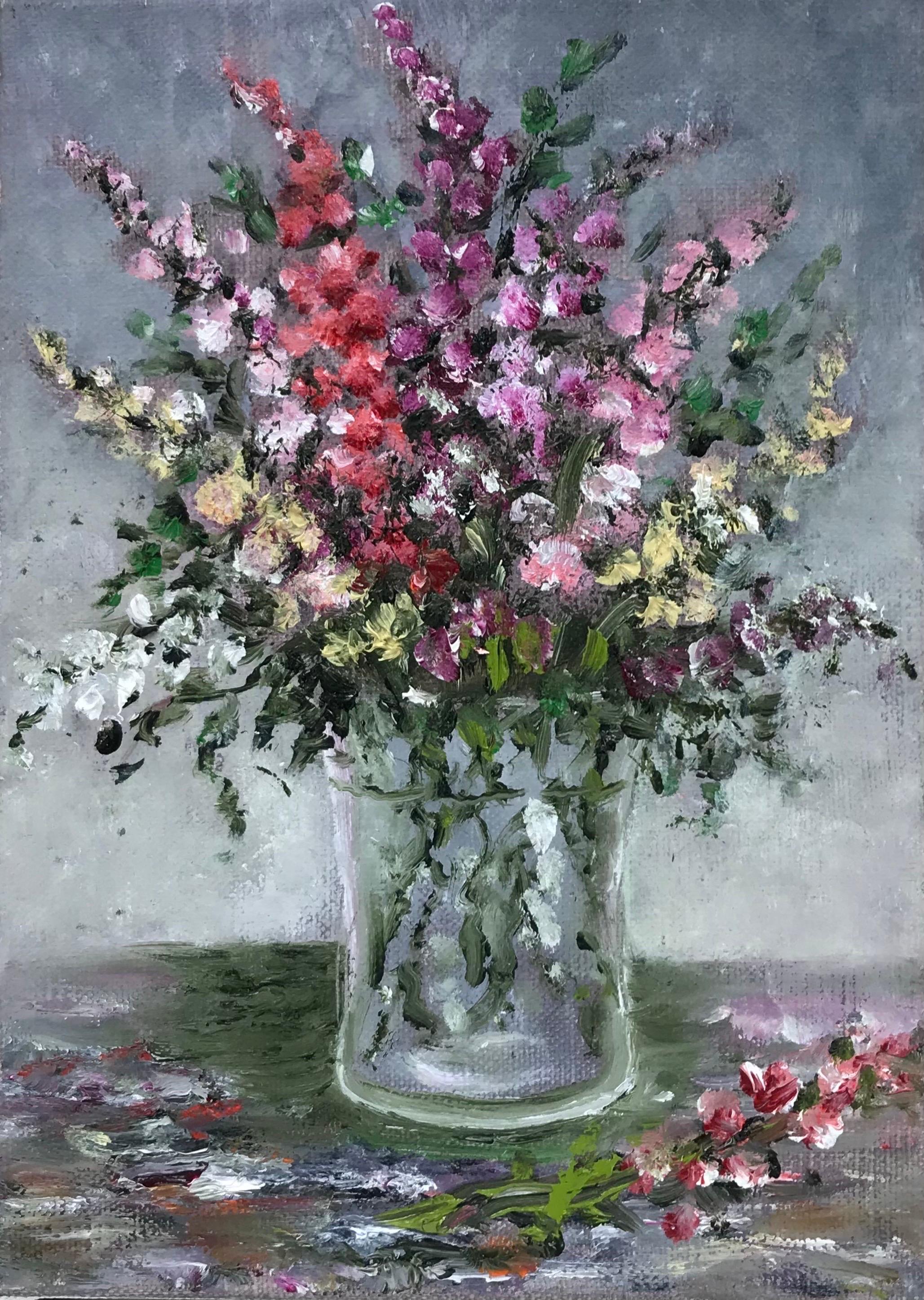 B. Rigaudiere Still-Life Painting - French Impressionist Oil Painting Bright Flowers in Glass Vase