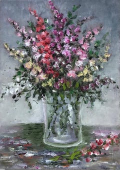 French Impressionist Oil Painting Bright Flowers in Glass Vase
