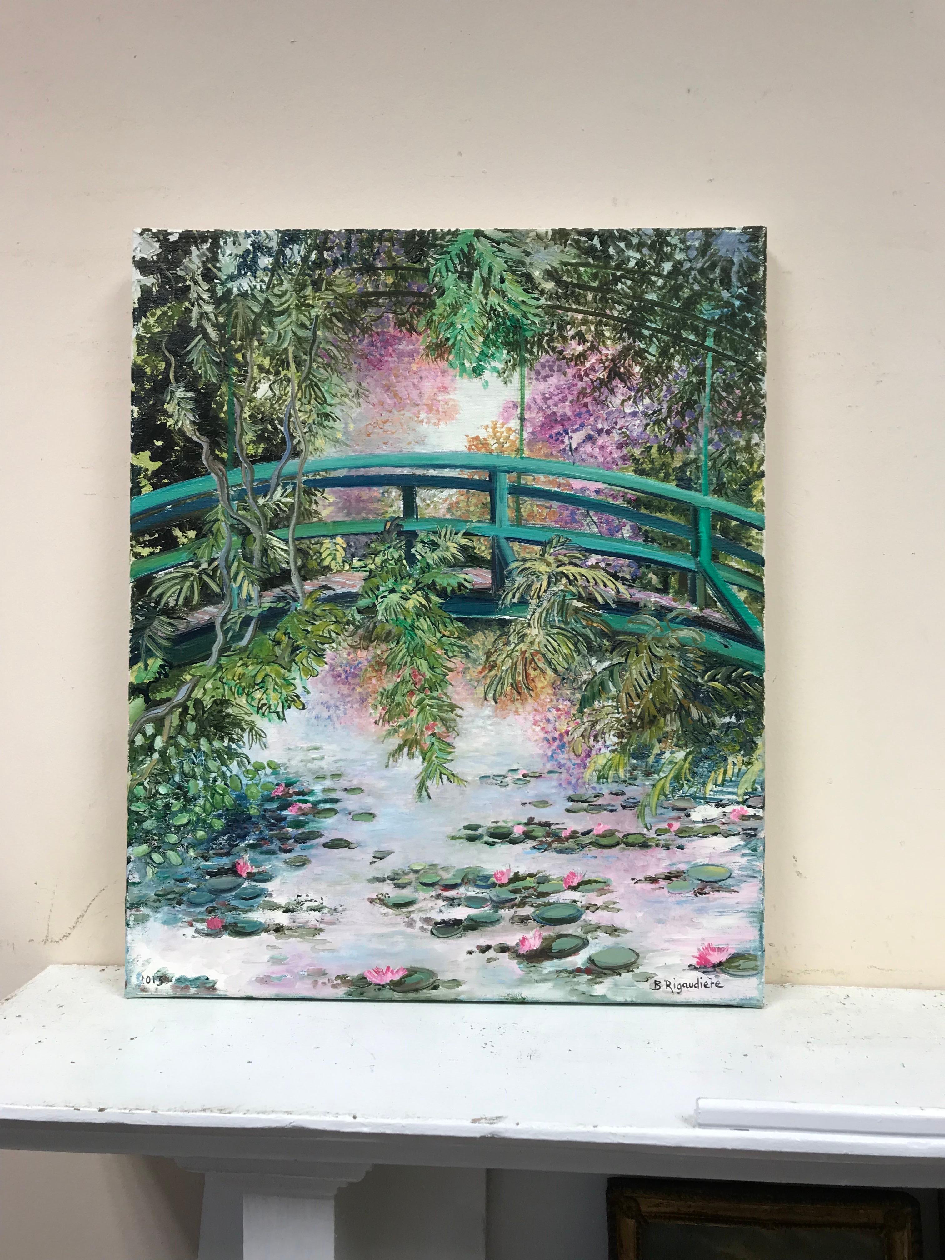 Japanese Bridge Monet's Waterlily Pond Giverny, Signed French Impressionist Oil - Painting by B. Rigaudiere