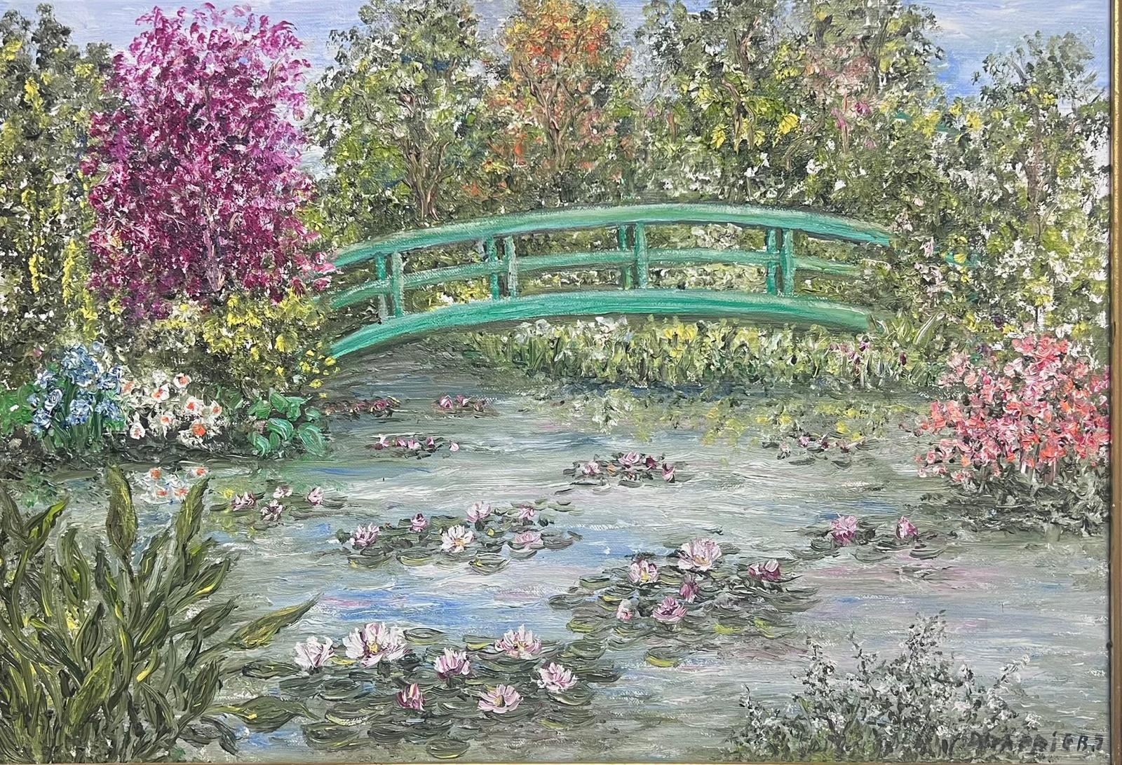 Japanese Bridge Monet's Waterlily Pond Giverny Signed French Impressionist Oil - Painting by B. Rigaudiere