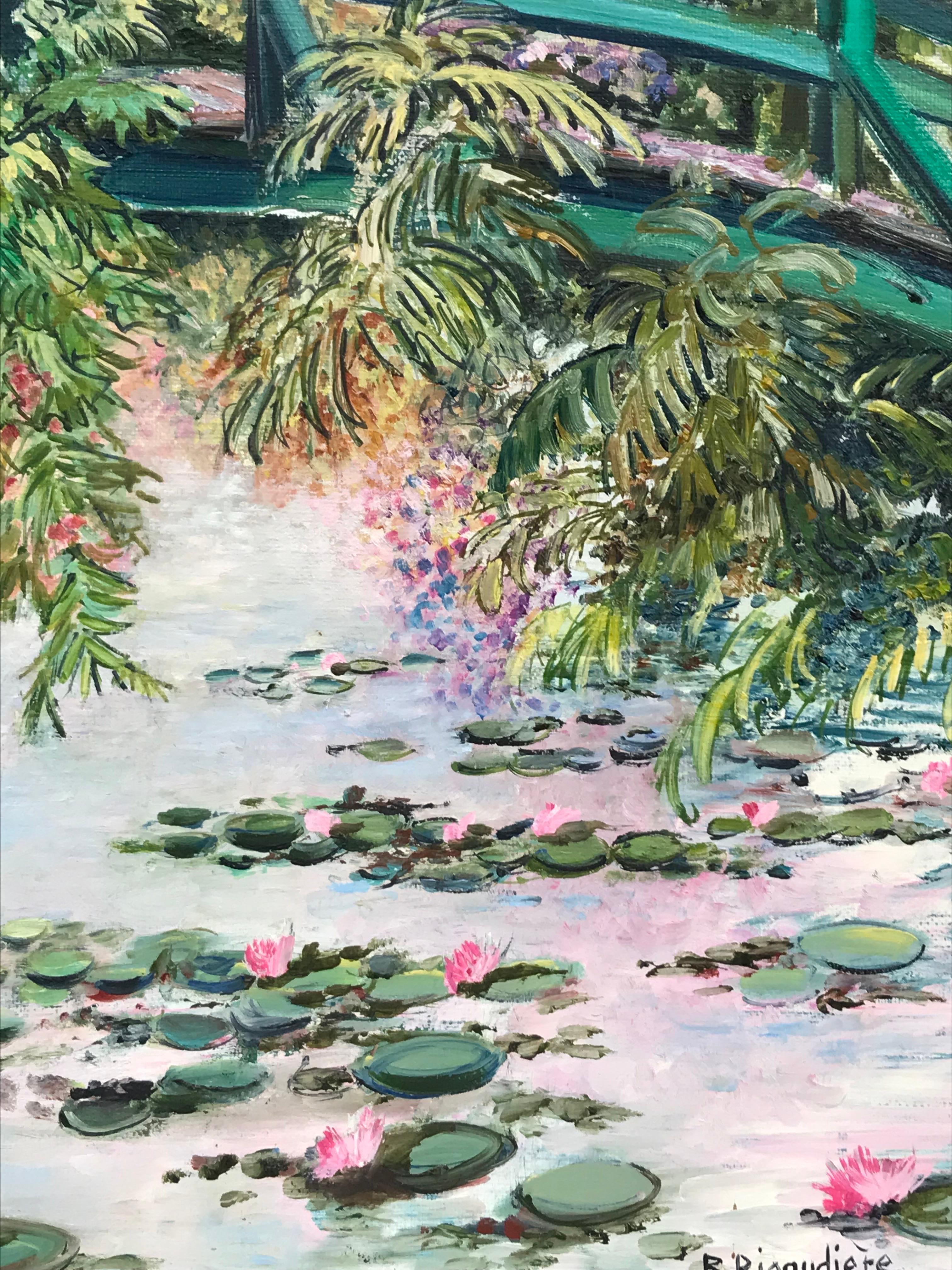 Artist/ School: B. Rigaudiere, signed front and back, French early 21st century

Title: The Japanese Bridge, Monet's Garden at Giverny overlooking the waterlily pond. 

Medium: oil painting on canvas, unframed and inscribed verso

canvas : 18 x