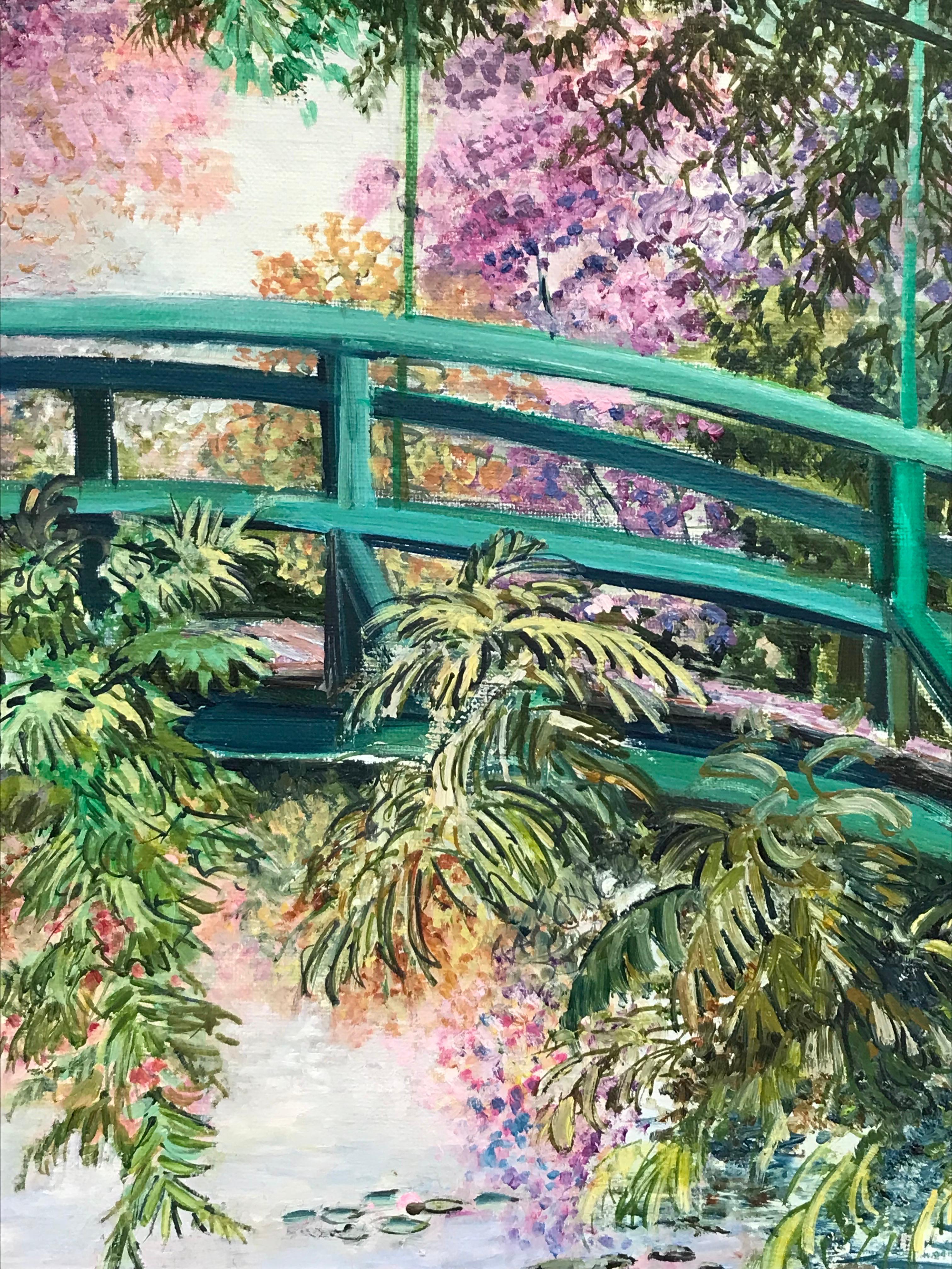 Japanese Bridge Monet's Waterlily Pond Giverny, Signed French Impressionist Oil For Sale 1