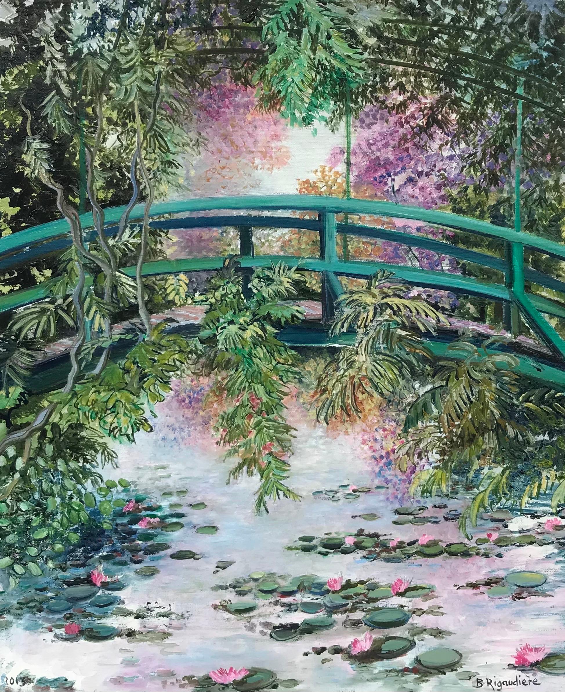 B. Rigaudiere Landscape Painting - Japanese Bridge Monet's Waterlily Pond Giverny, Signed French Impressionist Oil