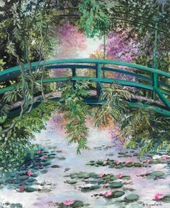 Japanese Bridge Monet's Waterlily Pond Giverny, Signed French Impressionist Oil
