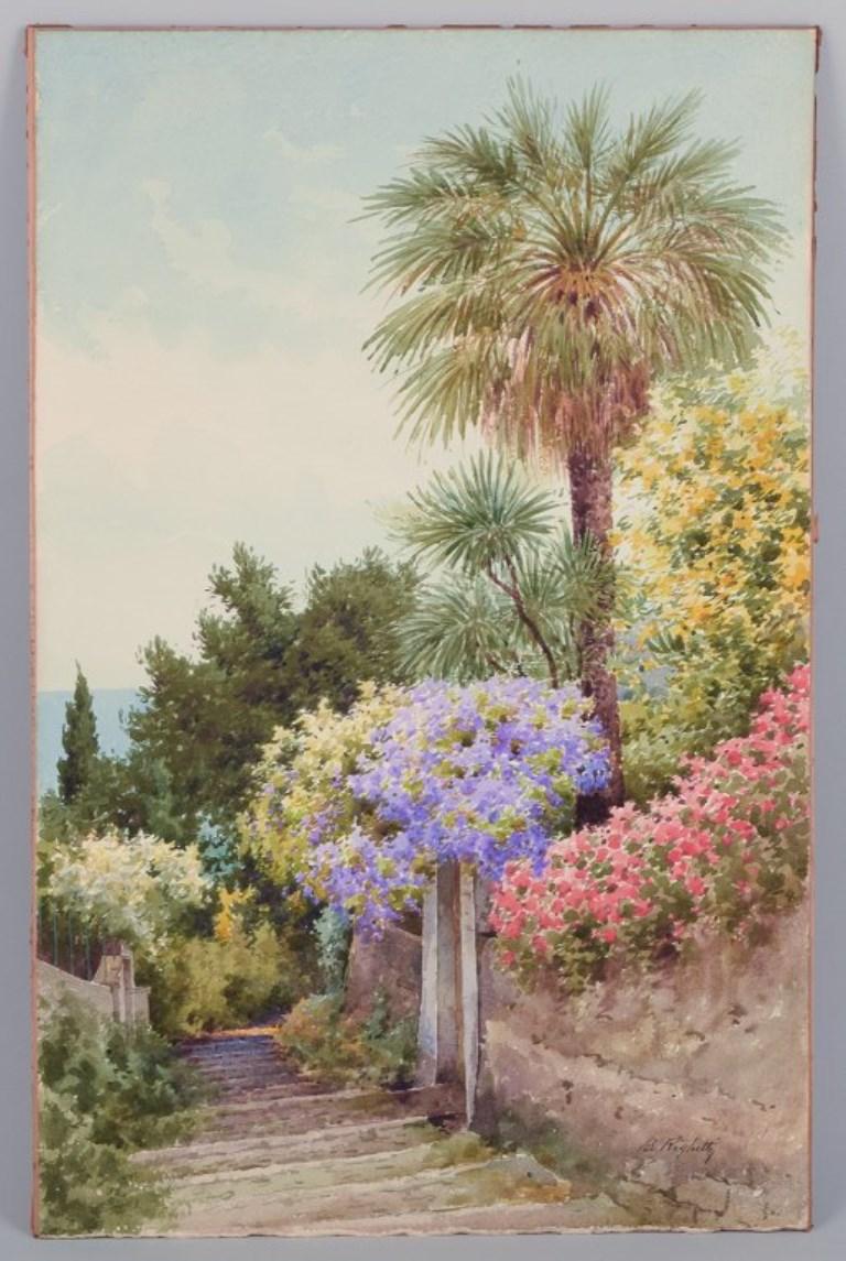 B. Righetti, Italian artist. 
Watercolor on paper. Southern park scene with a view of the sea.
Approximately 1930.
Signed and blind-stamped.
In perfect condition.
Dimensions: 57.5 cm x 37.0 cm.